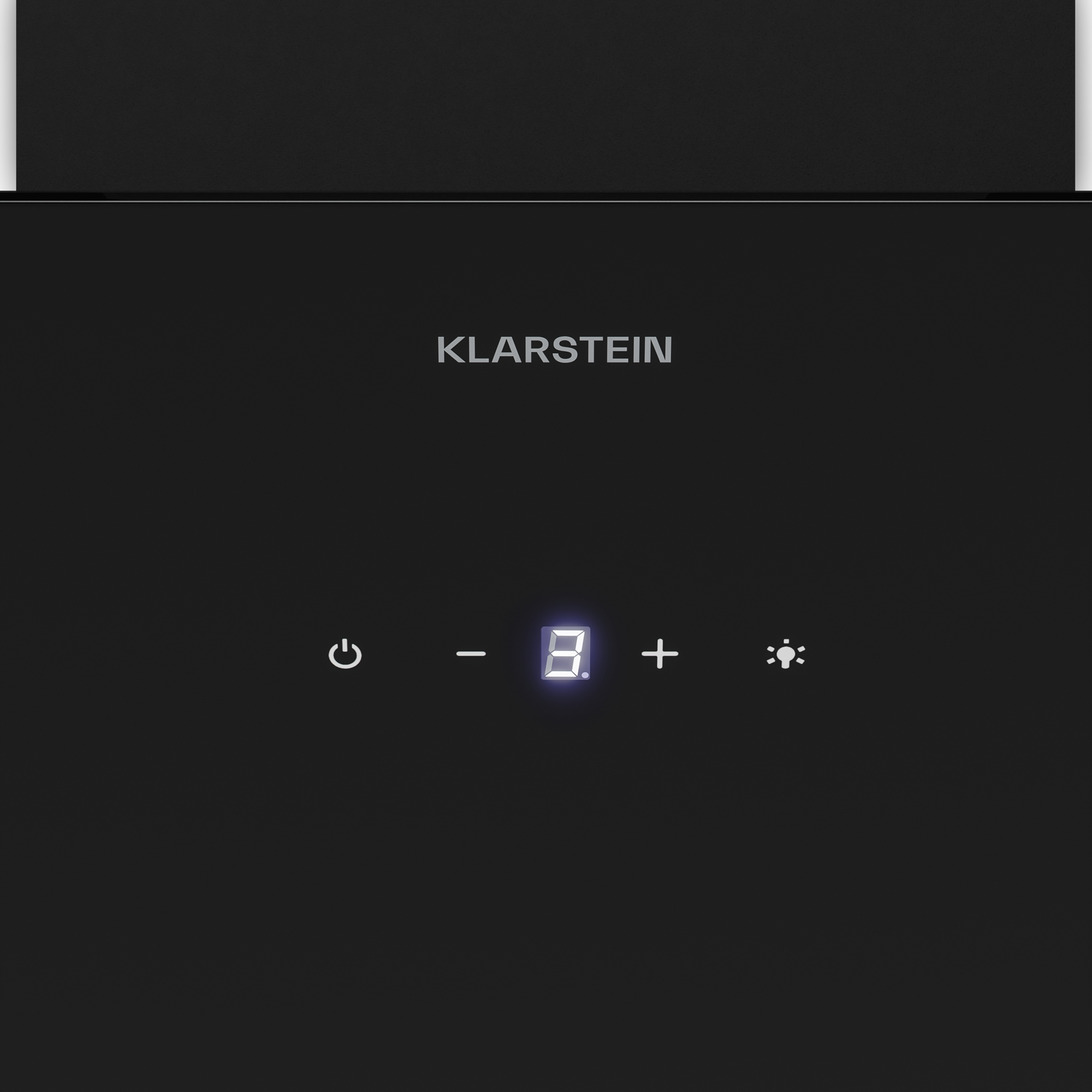 Eine schwarze Gerätebedienblende mit der Marke Klarstein, Strom-, Minus-, 8-, Plus- und Lichtsymbolen.