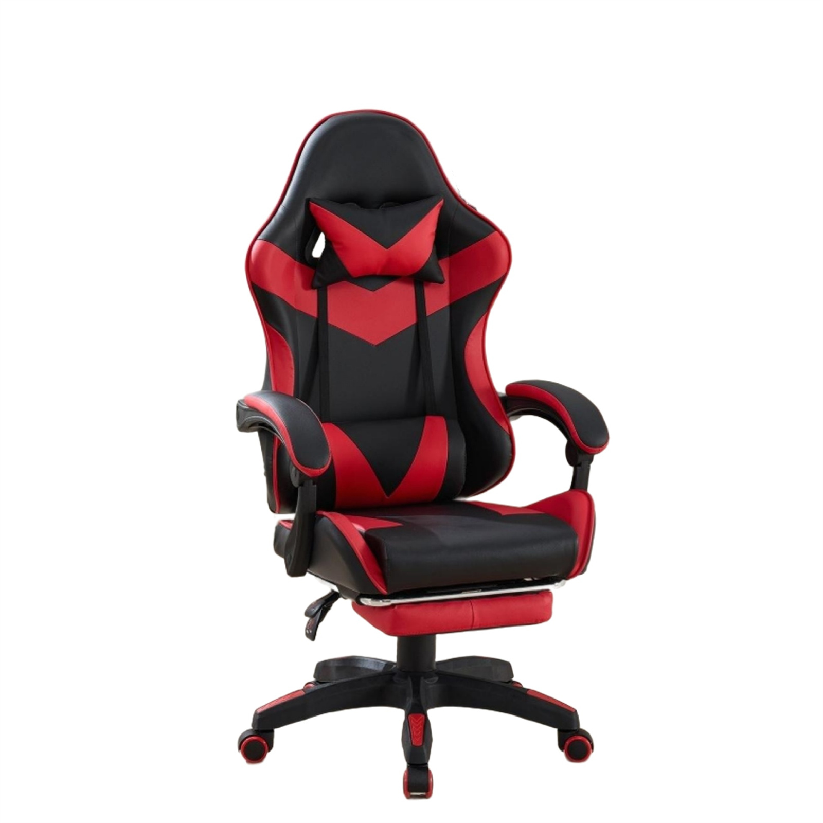 Roter und schwarzer Gaming-Stuhl auf weißem Hintergrund. Mit Kopfstütze, Armlehnen und Fußstütze. Rollbasis.