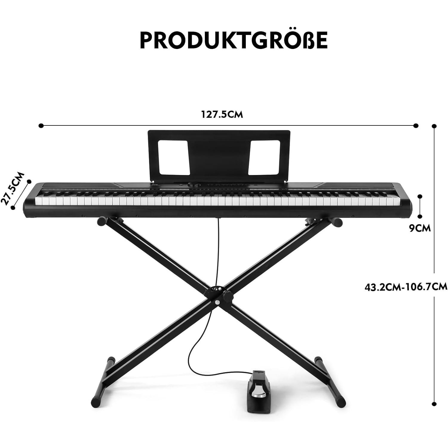 Ein schwarzes Digitalpiano mit Ständer. Abmessungen sind beschriftet: 127,5 cm, 27,5 cm und 9 cm. Der Ständer ist verstellbar, 43,2 cm bis 106,7 cm.