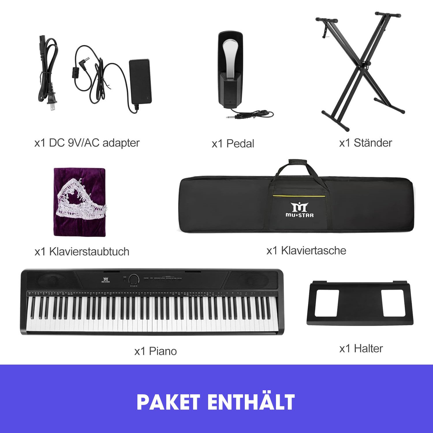 Das Bild zeigt Klavierteile: Adapter, Pedal, Ständer, Tuch, Koffer, Klavier und Halter, alles auf weißem Grund. Text: 'PAKET ENTHÄLT'.