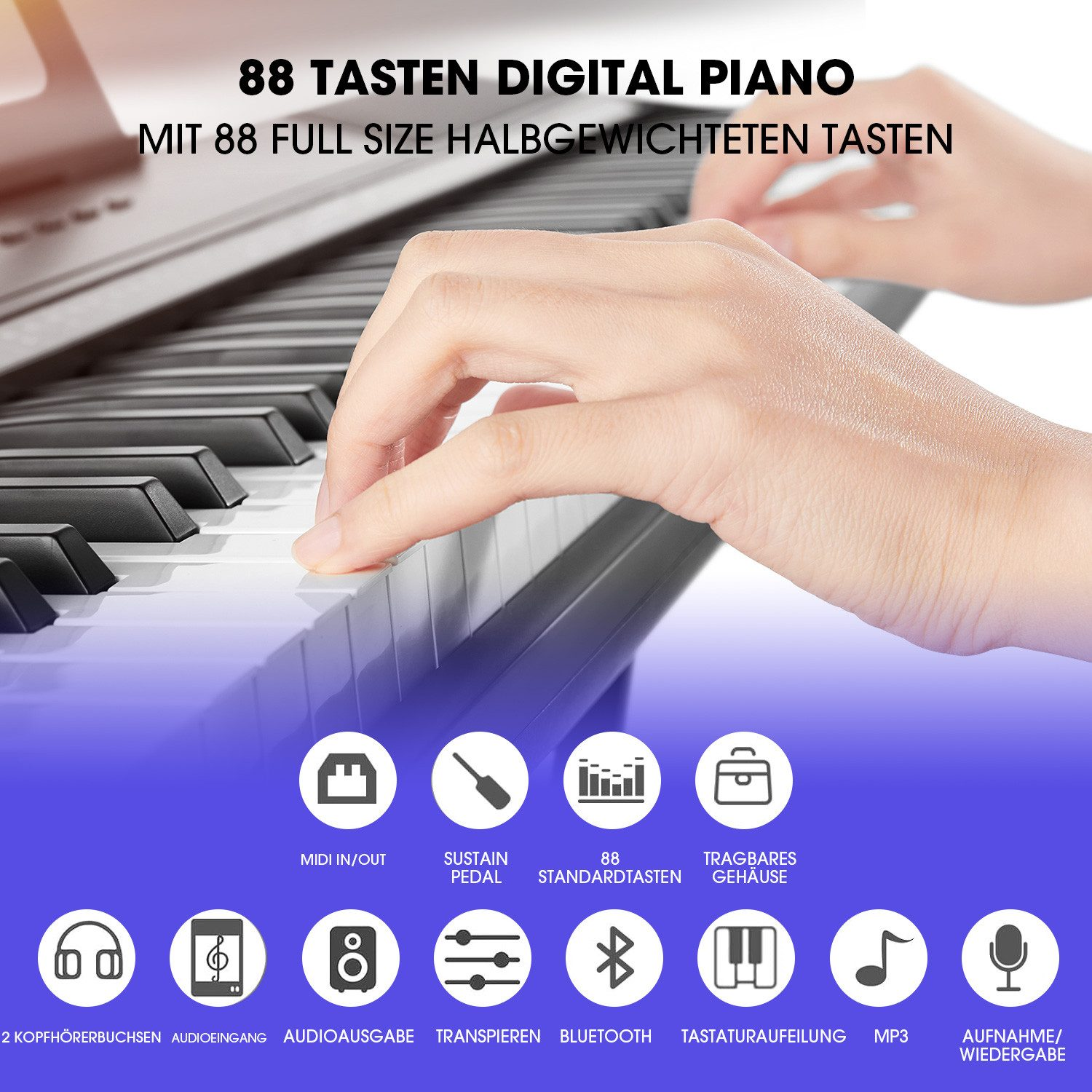 Eine Hand spielt ein Digitalpiano. Das Klavier hat 88 Tasten. Zu den Funktionen gehören MIDI, Sustain-Pedal, Bluetooth, Audioausgang und mehr.
