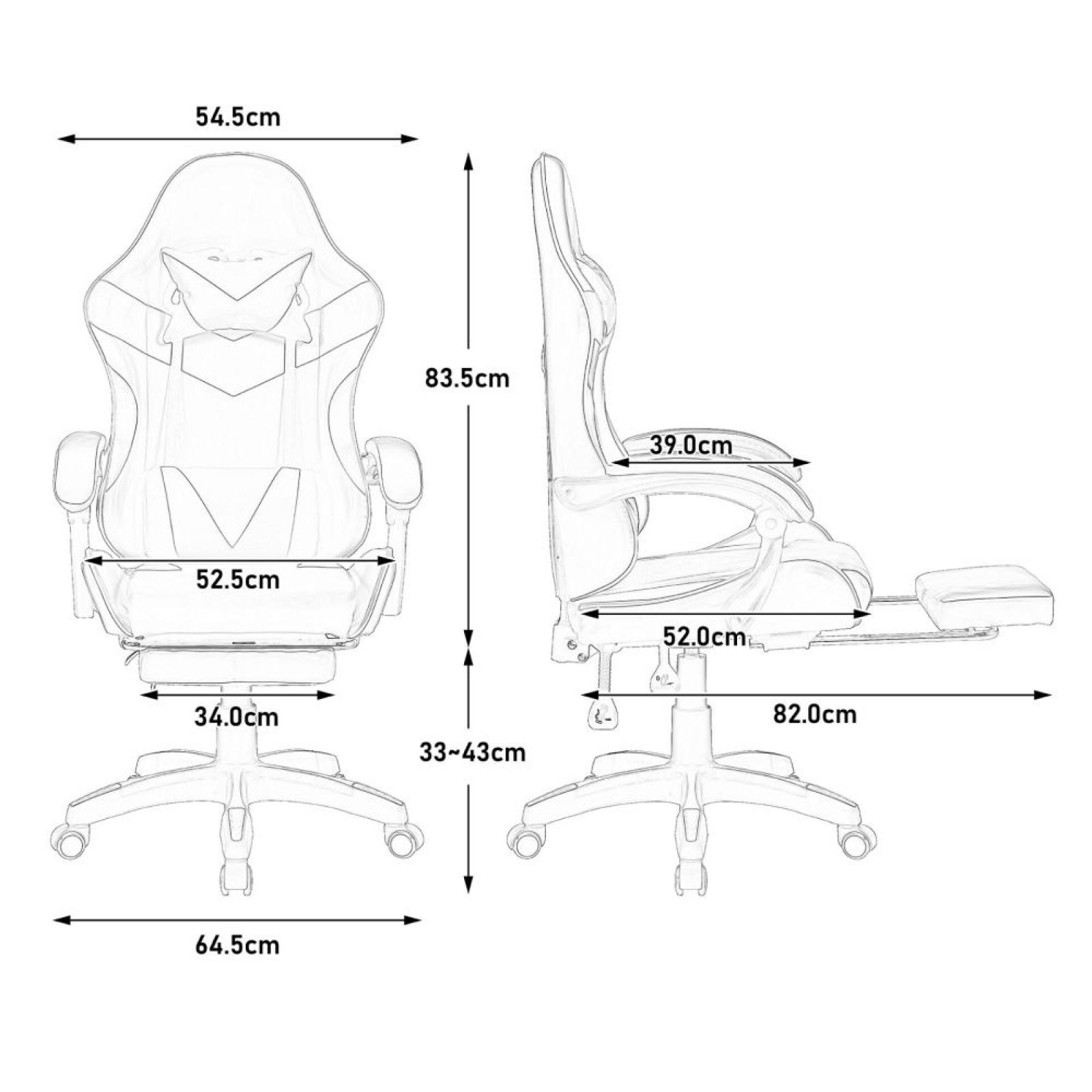 Diagramm eines Gaming-Stuhls mit Maßangaben in Zentimetern an verschiedenen Teilen. Es zeigt die Maße des Stuhls.