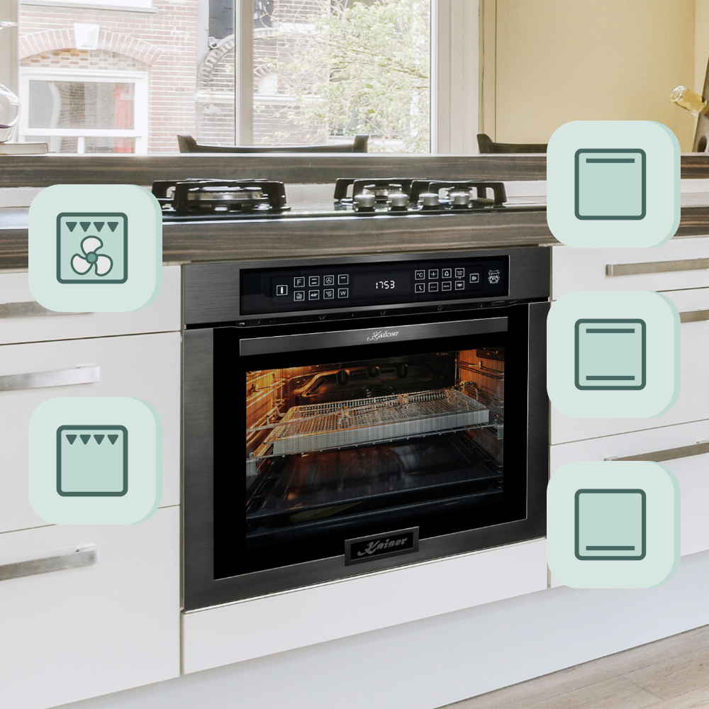 Moderne Küche mit Backofen, Herd und Schränken. Die Backofentür ist offen. Symbole schweben um den Ofen.