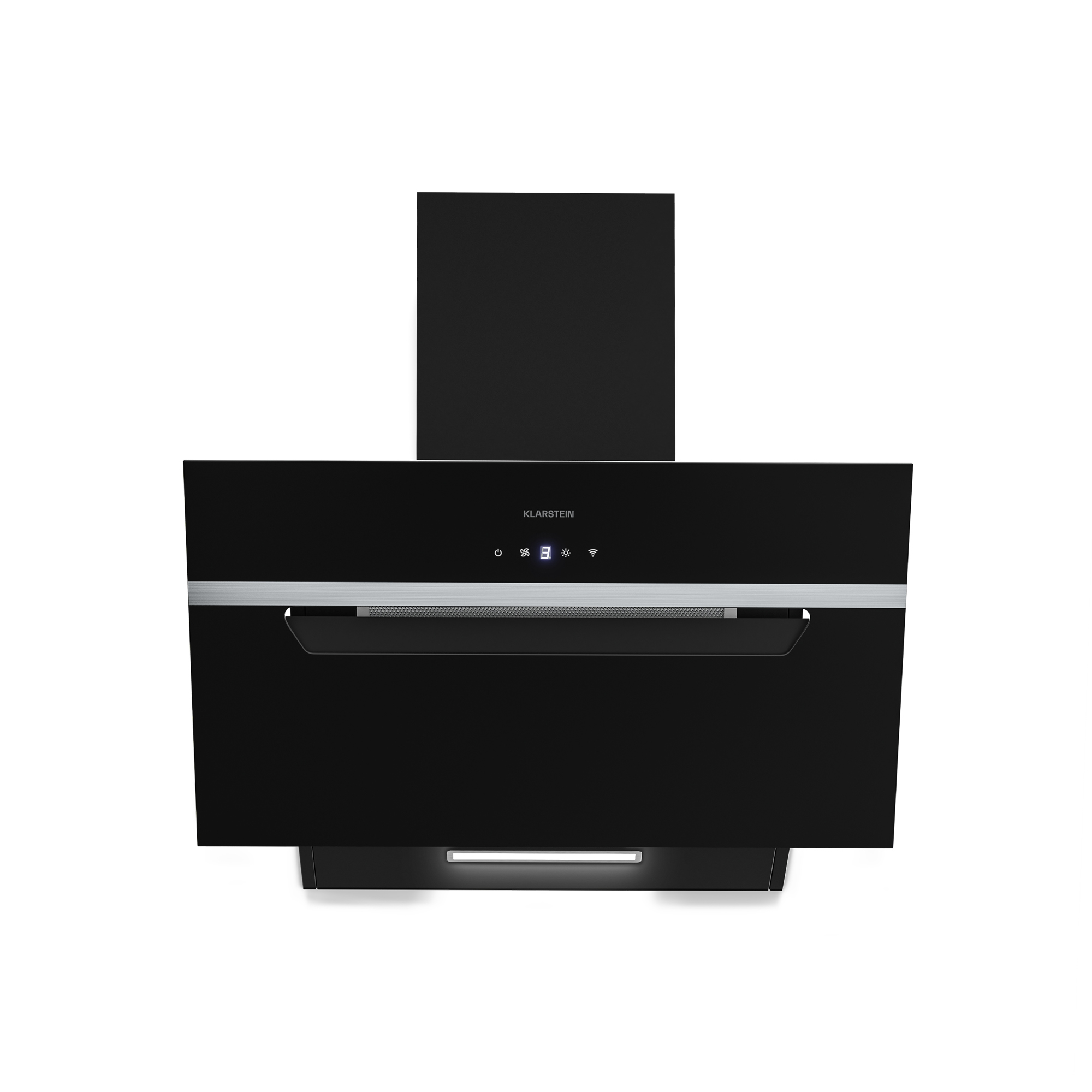 Una moderna cappa Klarstein nera su sfondo bianco. Ha un display digitale e una luce integrata.