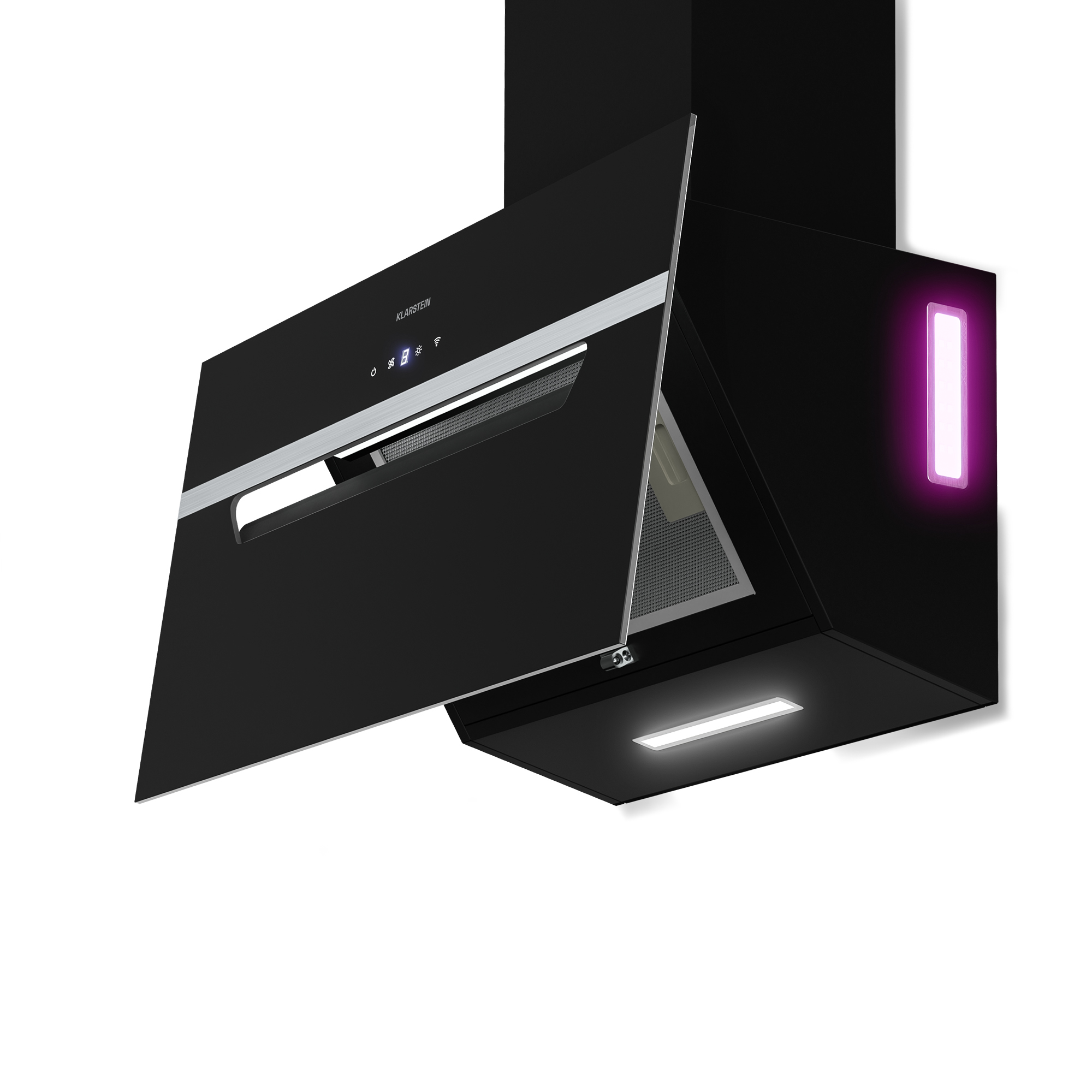 Cappa Klarstein nera con finiture argentate, display illuminato e luce viola laterale. Il pannello frontale è aperto.
