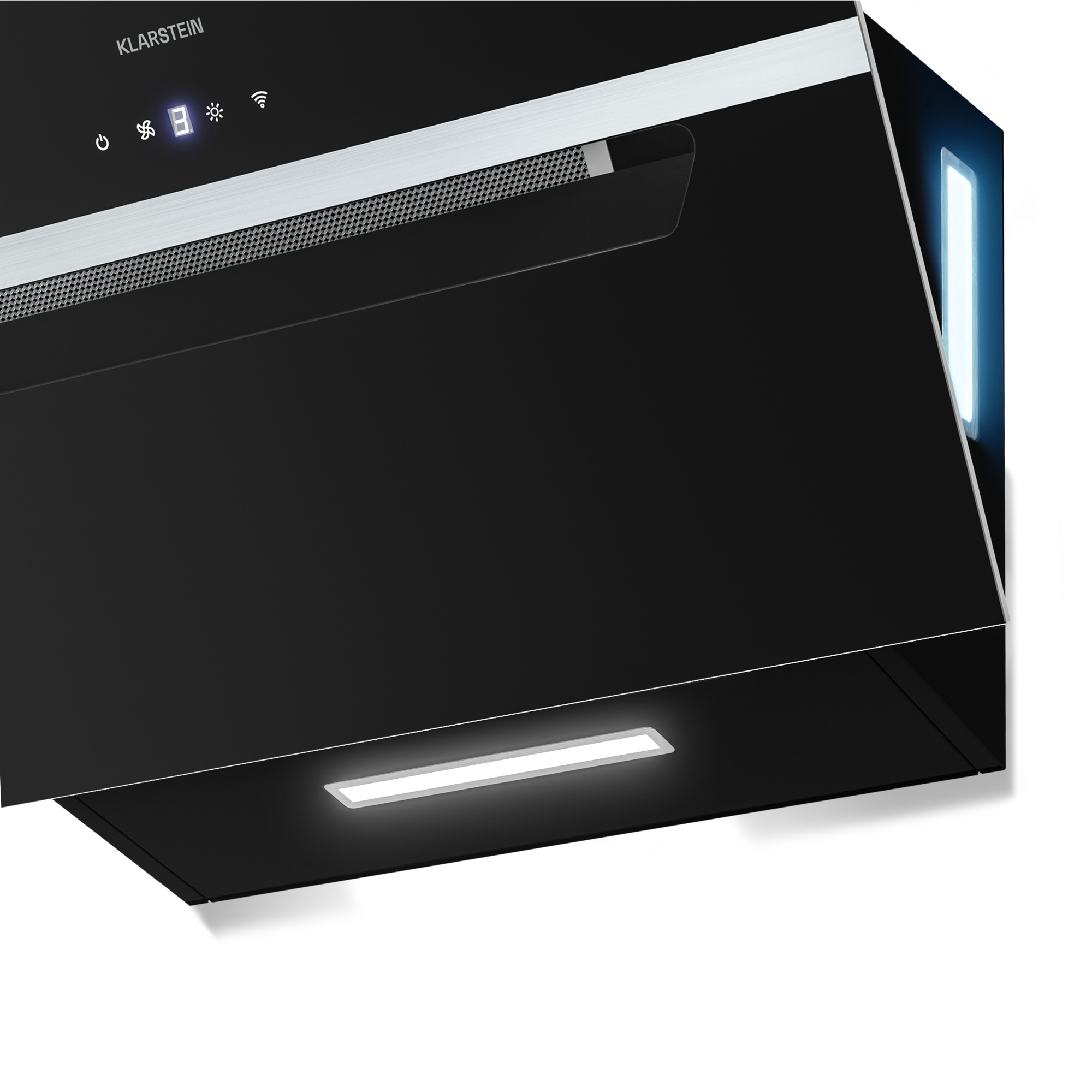 Una cappa Klarstein nera con comandi illuminati e luce brillante. Il design è moderno, con linee pulite.