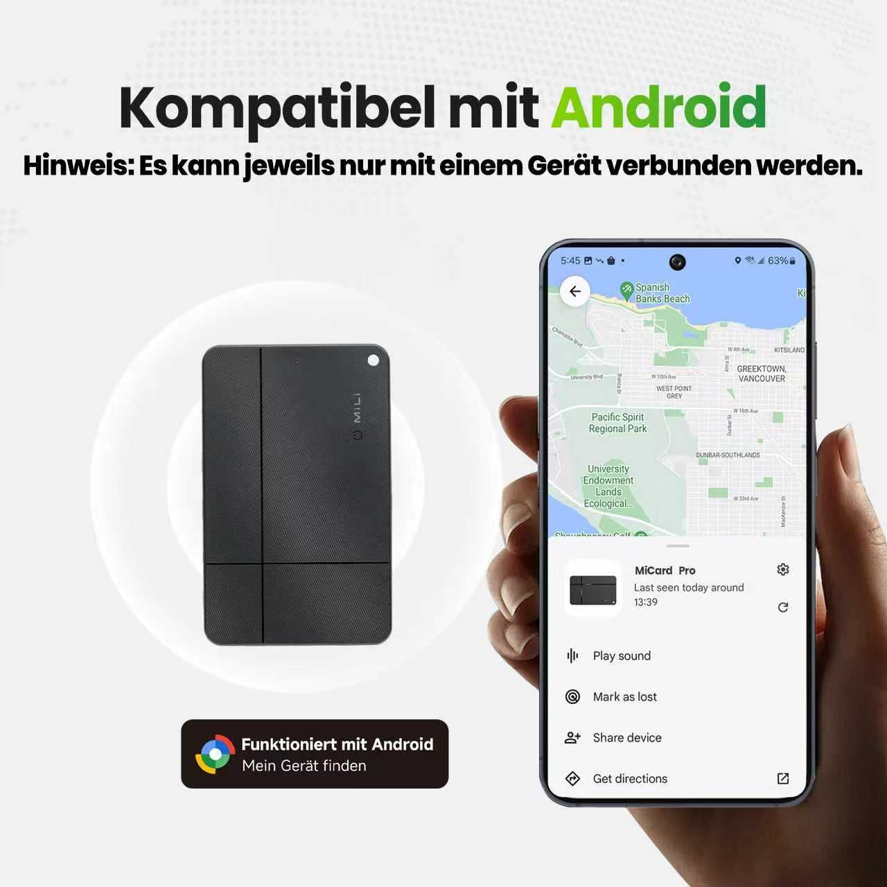 Ein schwarzes MiCard Pro-Gerät und ein Telefon mit einer Karte, mit Android-Kompatibilitätsdetails.