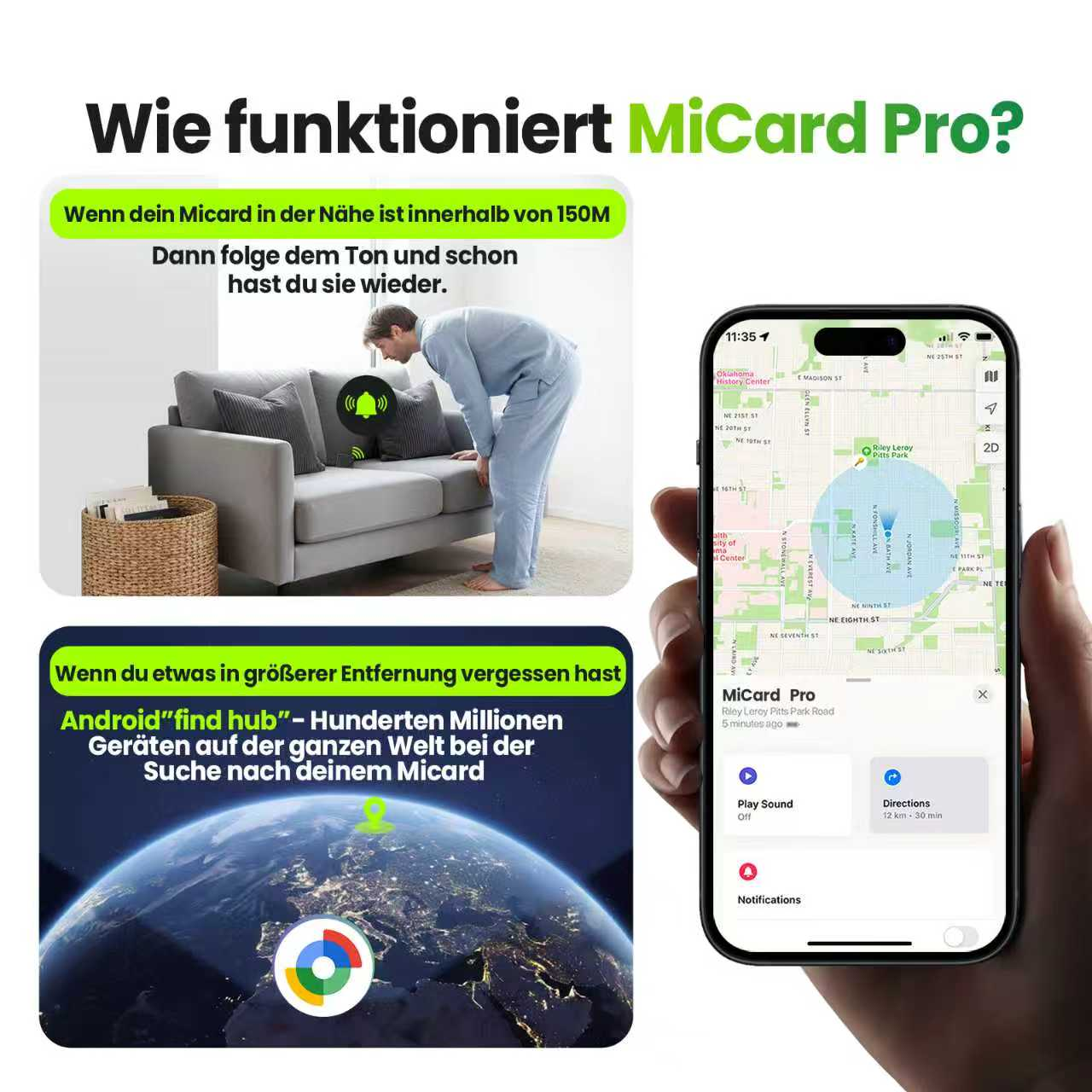Das Bild zeigt, wie MiCard Pro funktioniert. Enthält eine Person, Telefon, Karte und Globus mit Google-Logo.