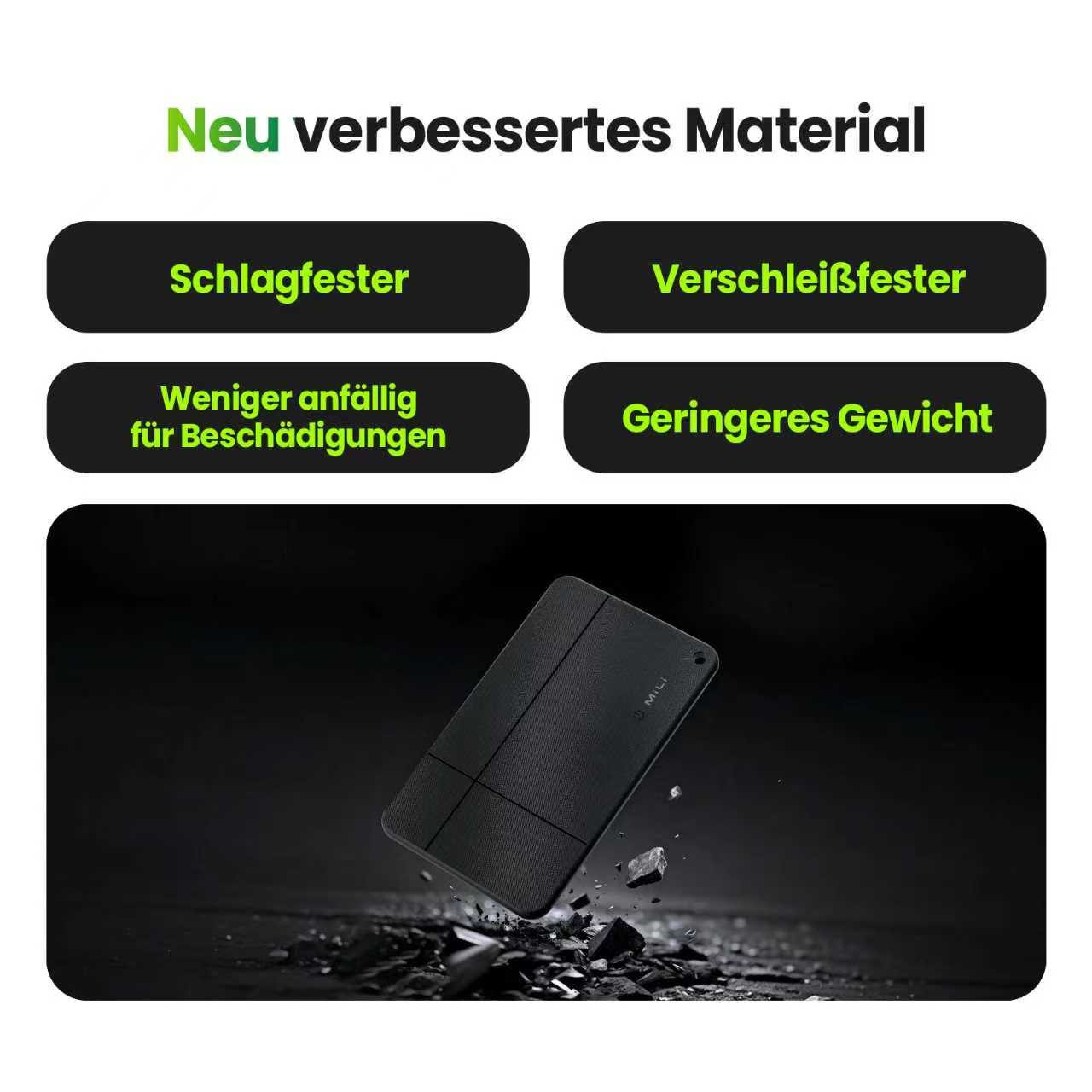 Das Bild zeigt ein schwarzes Gerät mit Textfeldern zu seinen Funktionen. Das Gerät fällt, Trümmer um ihn herum. Text lautet: 'Neu verbessertes Material'.