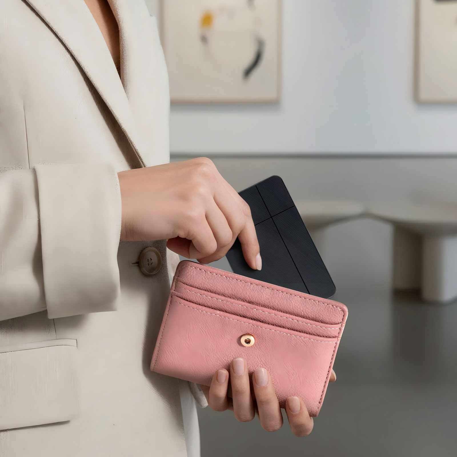 Eine Person in einem cremefarbenen Blazer hält eine rosa Brieftasche und eine schwarze Karte. Der Hintergrund zeigt Kunstwerke und einen weißen Tisch.