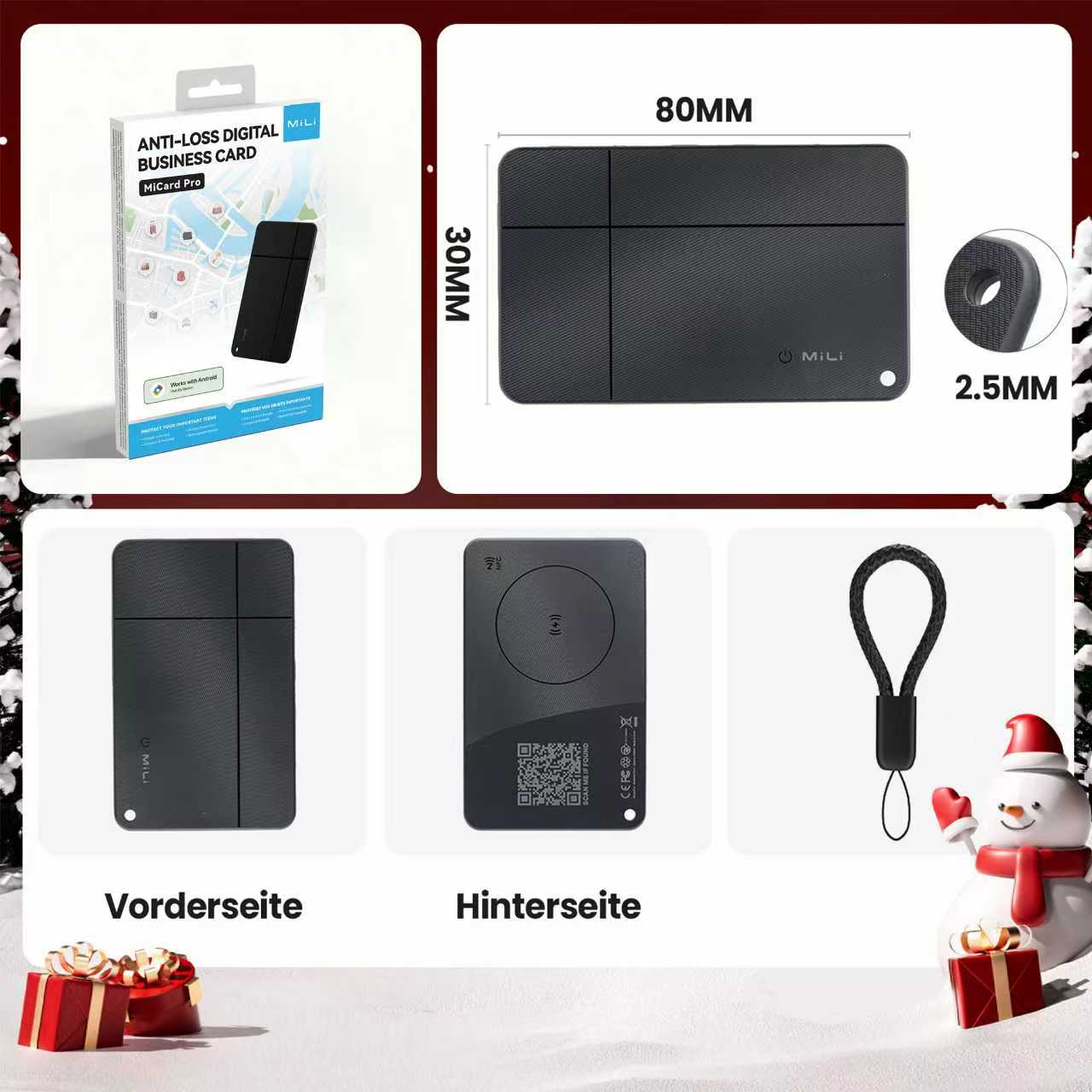 Das Bild zeigt eine schwarze MiLi-Visitenkarte, ihre Box, Abmessungen und einen Schneemann. Die Karte hat Vorder-, Rückseite und Maßangaben.