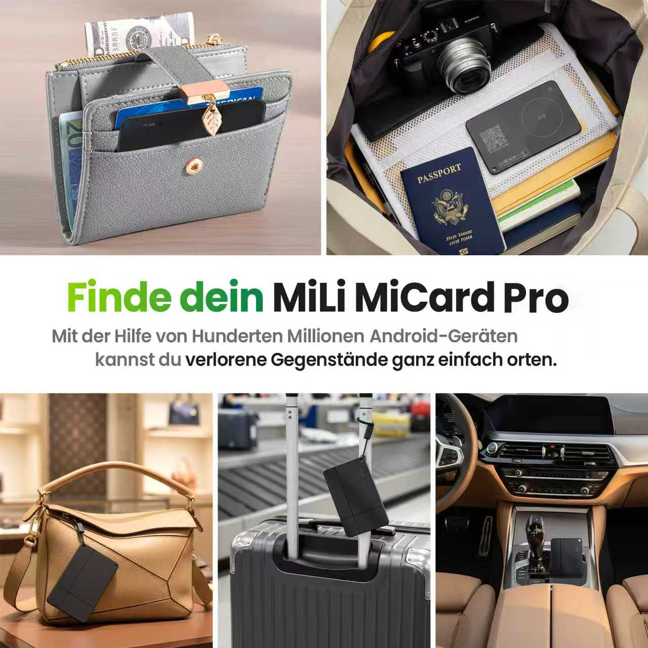Das Bild zeigt eine Brieftasche, einen Reisepass, eine Kamera und MiLi MiCard Pro in einer Tasche, einem Auto und mit Gepäck.