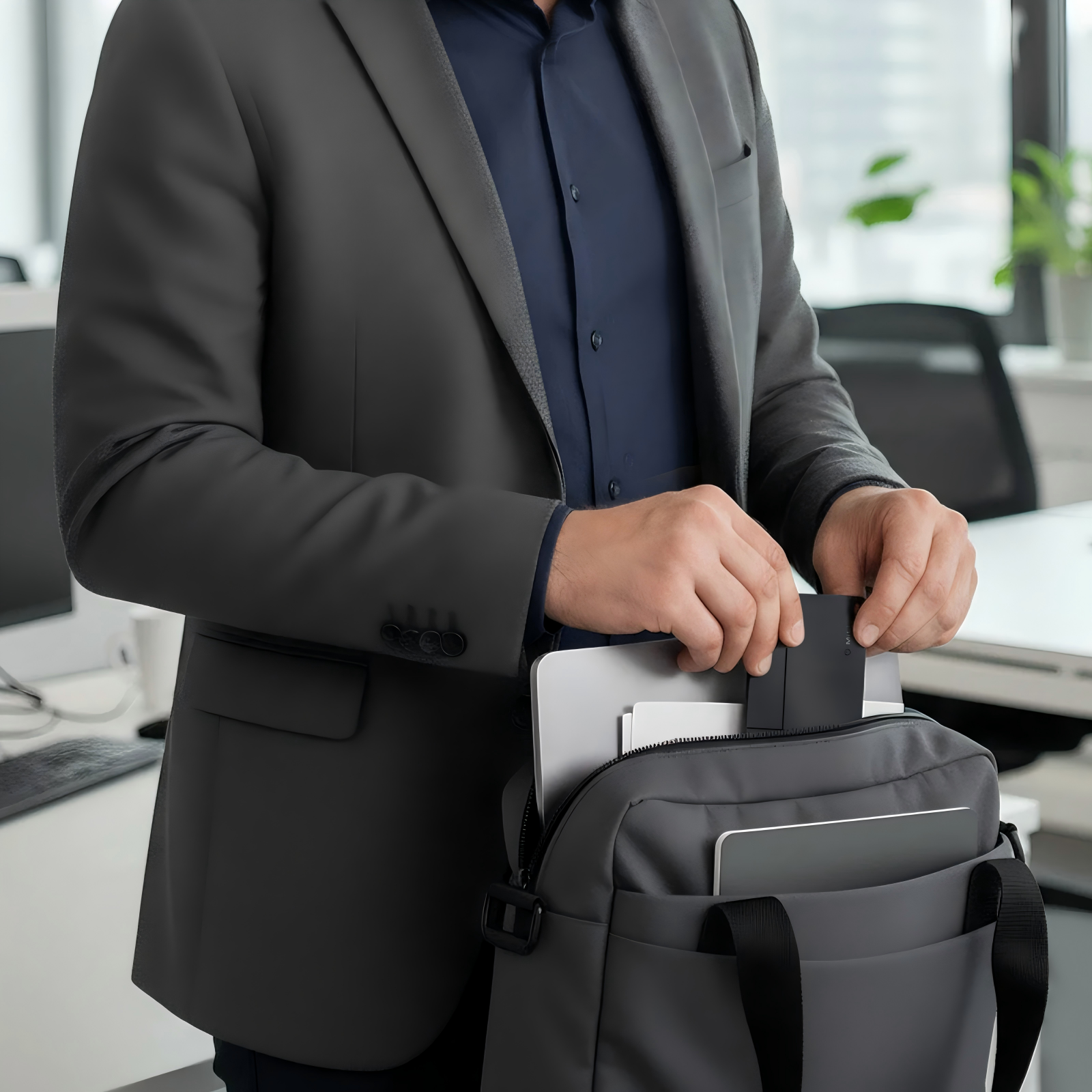 Ein Mann im Anzug legt eine schwarze Karte in eine graue Tasche. Die Tasche enthält einen Laptop und Papiere.