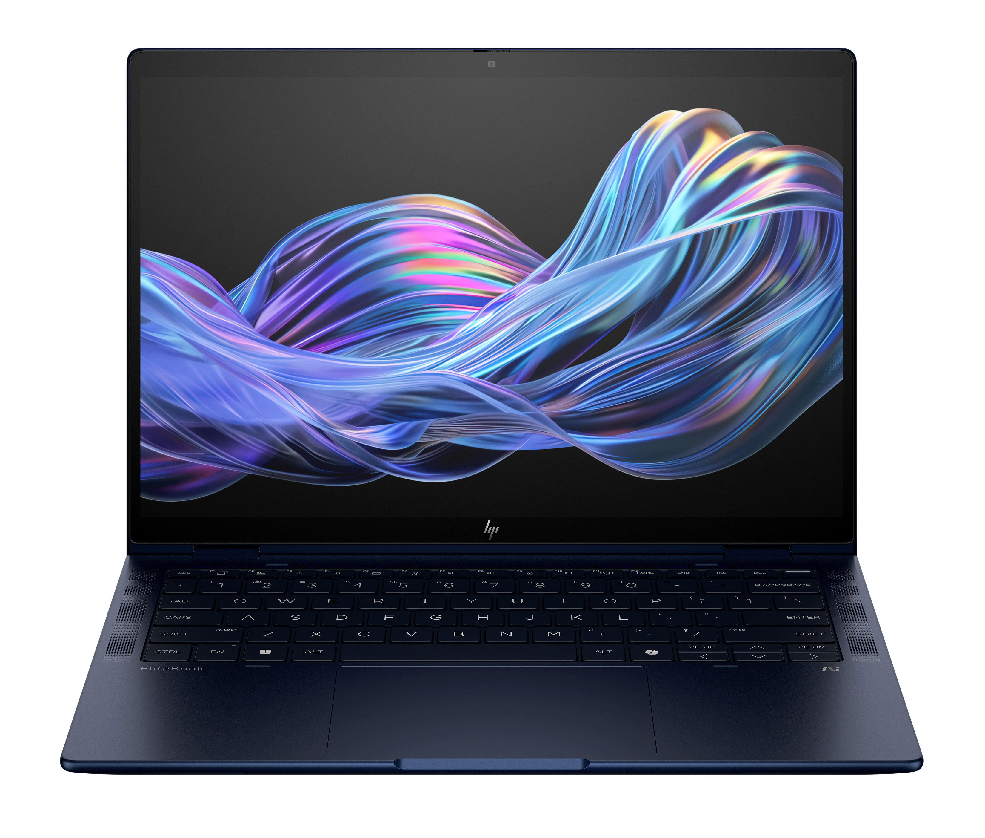 Un laptop blu scuro con un design astratto colorato sullo schermo, aperto su una superficie bianca.