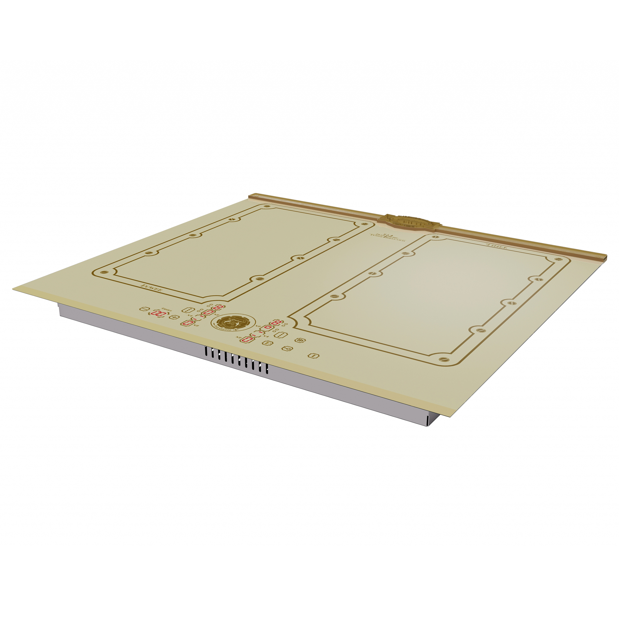 Un piano cottura a induzione beige con due zone cottura. Ha dettagli dorati e un pannello di controllo con display digitali rossi.
