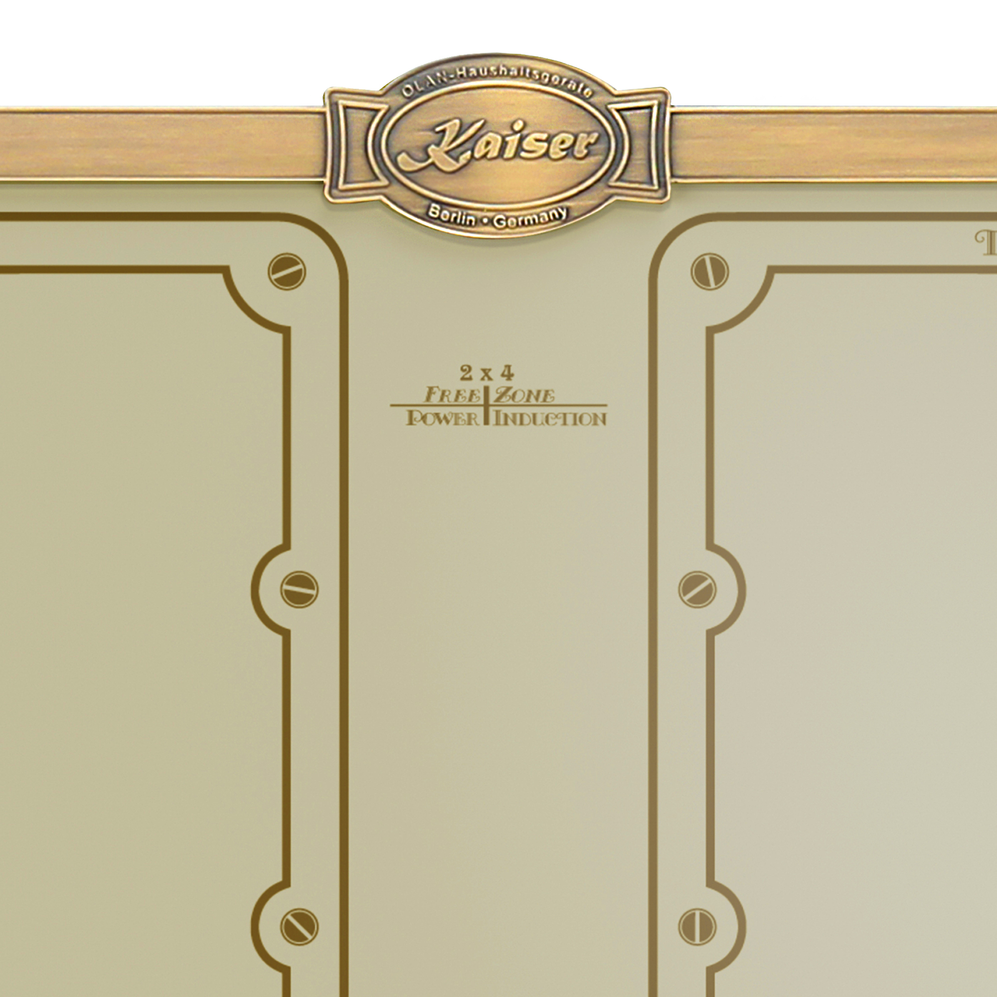 Un frontale di un elettrodomestico beige con bordi marroni e logo Kaiser dorato. Il testo recita 2x4 Free Zone Power Induction.