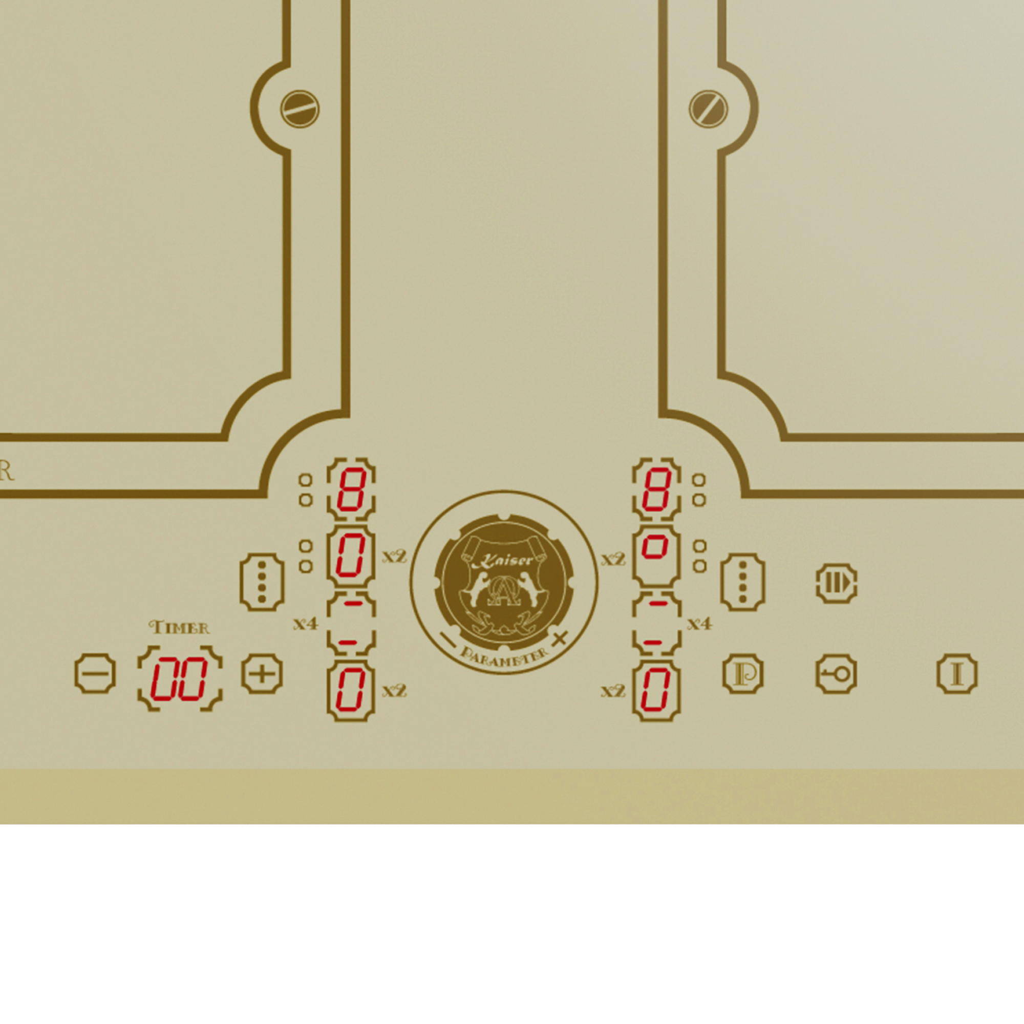 Pannello di controllo con display digitali rossi che mostrano zeri e otto, vari simboli e la parola "Kaiser".