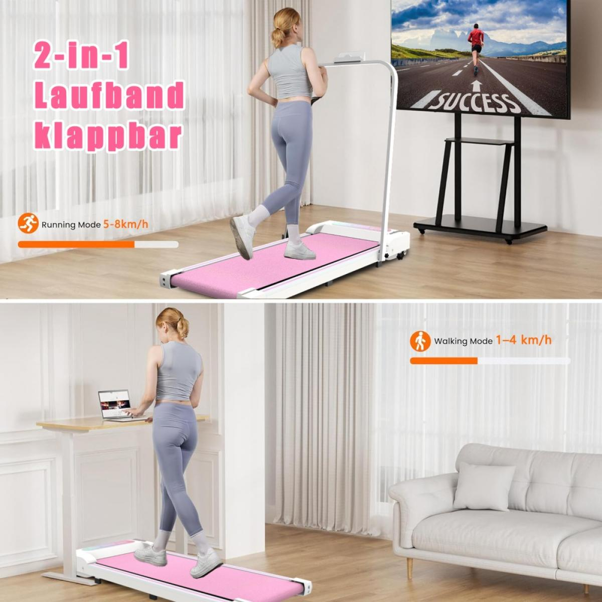 Eine Frau läuft auf einem rosa Laufband. Ein Bildschirm zeigt einen Läufer. Der Text lautet 2-in-1, Laufband, klappbar, Laufmodus 5-8 km/h und Gehmodus 1-4 km/h.