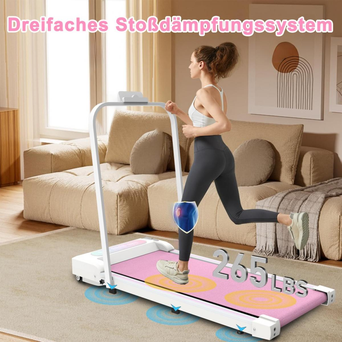 Eine Frau läuft auf einem Laufband. Das Laufband ist rosa und weiß. Ein Knieschützer wird gezeigt. Hintergrund: Couch, Teppich und Kunstwerk.