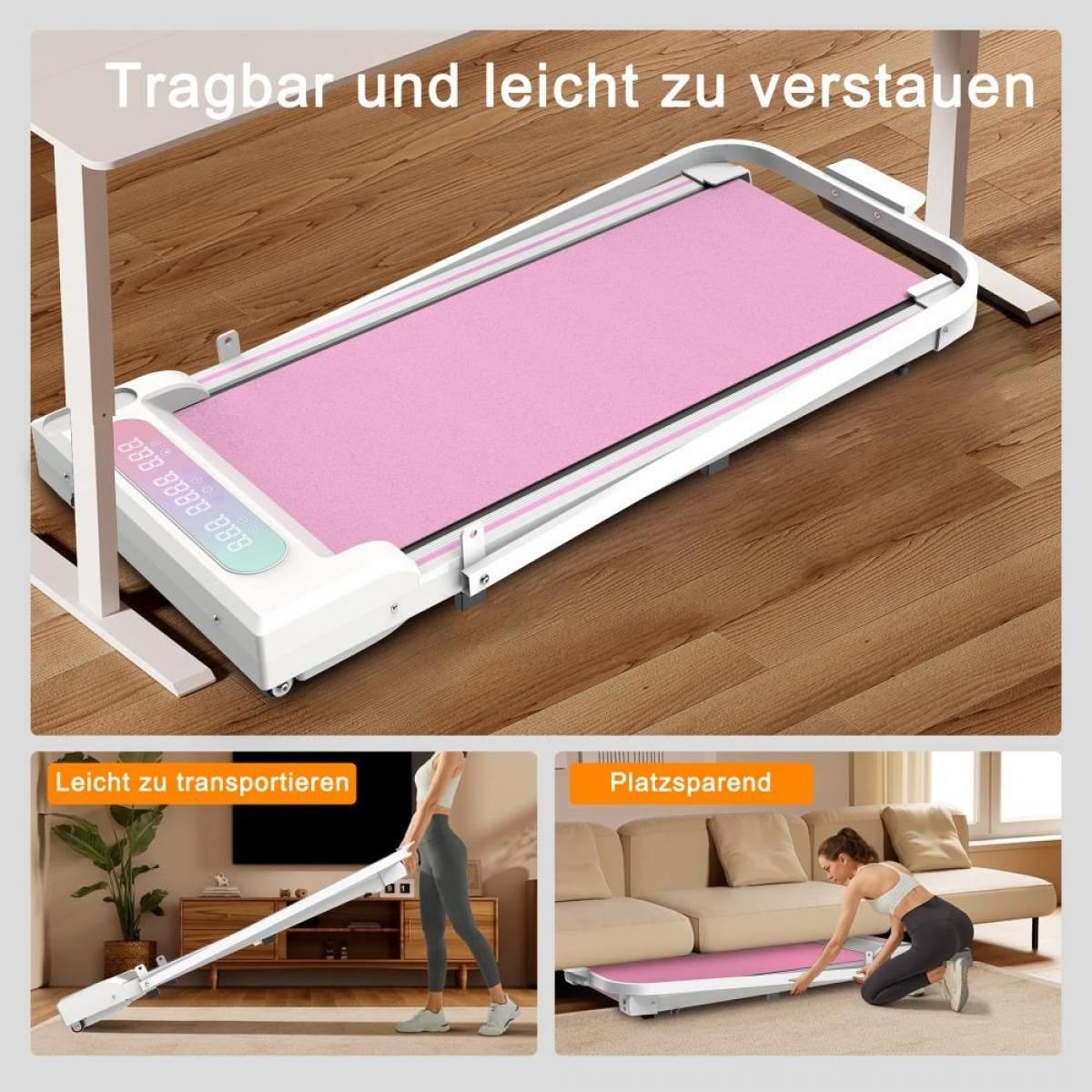 Ein rosa Laufband wird in drei Szenarien gezeigt: auf einem Holzboden, beim Tragen und unter einer Couch platziert.