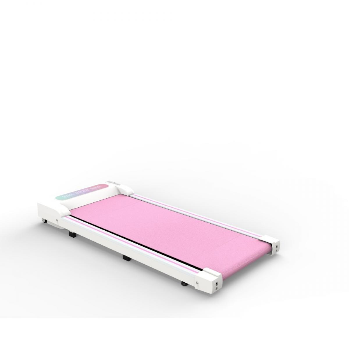 Ein rosa Laufband mit weißem Rahmen steht auf weißem Untergrund. Das Display zeigt Text. Das Laufband ist leicht angewinkelt.