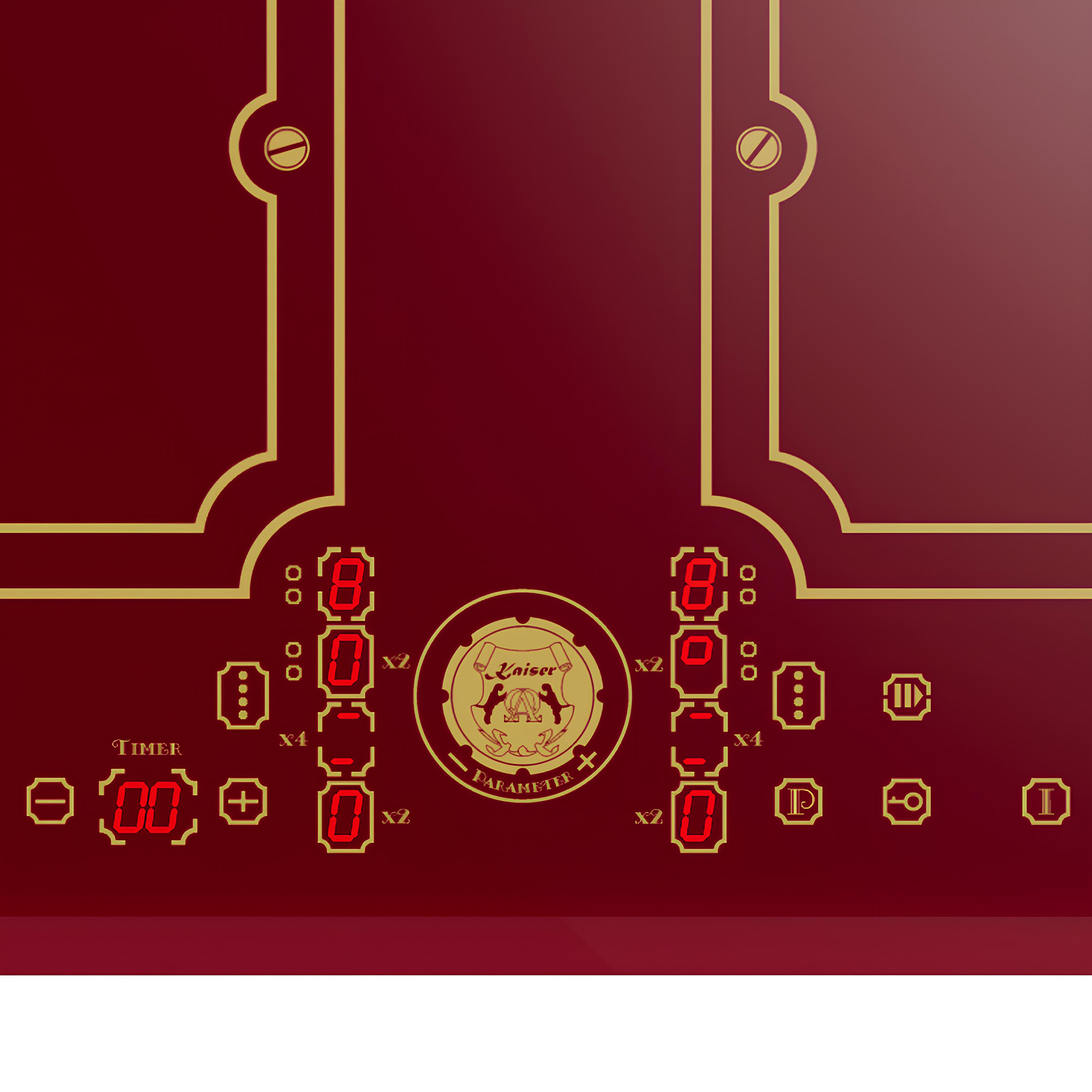 Eine weinrote Tafel mit goldenen Verzierungen und roten Digitalanzeigen. Es gibt das Wort 'Kaiser' und mehrere Knöpfe und Anzeigen.