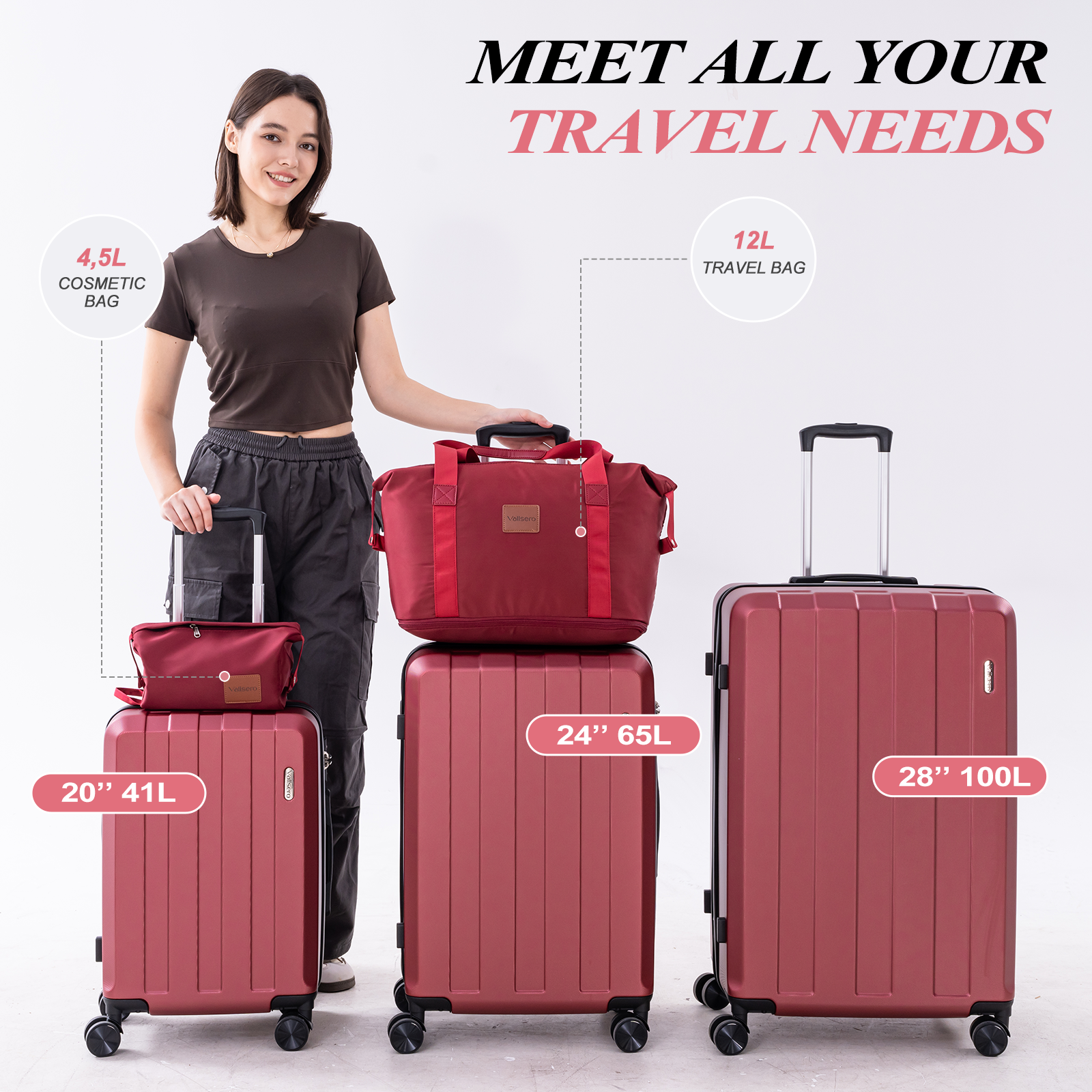A woman stands with travel bags of various sizes. They are red, and labeled with their capacity in liters. The background is white.