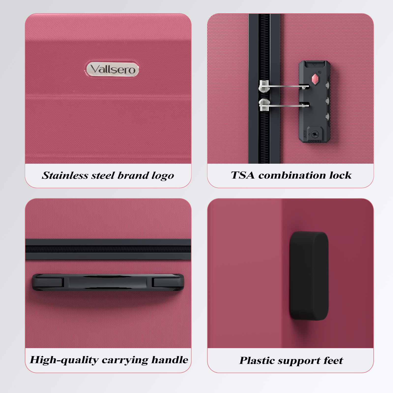 A pink suitcase with details: brand logo, TSA lock, carrying handle, and support feet.