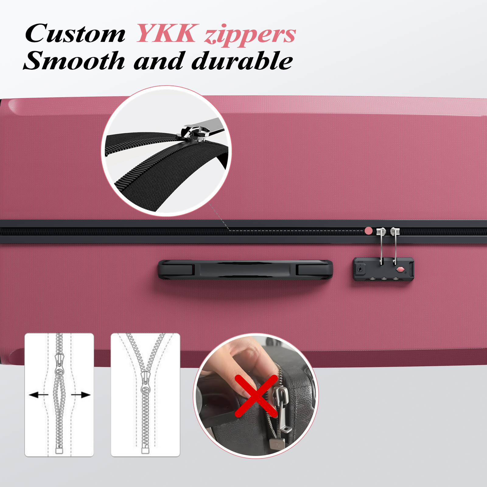 Pink suitcase detail. Close-up of zipper, lock, and handle. Text says 'Custom YKK zippers Smooth and durable'.