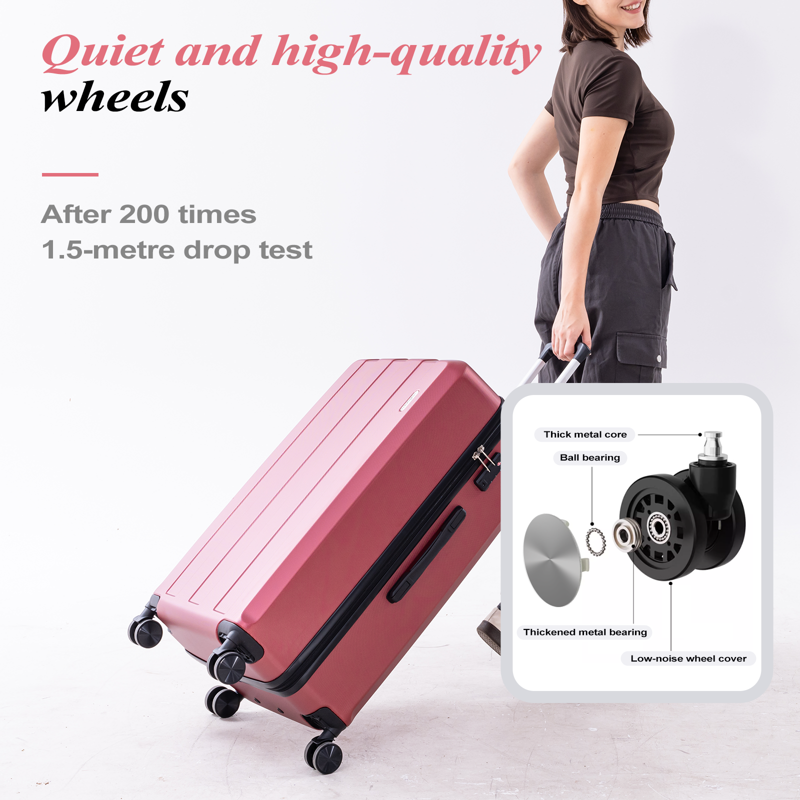 A woman pulls a red suitcase with black wheels. Text reads: Quiet and high-quality wheels, 1.5-metre drop test.