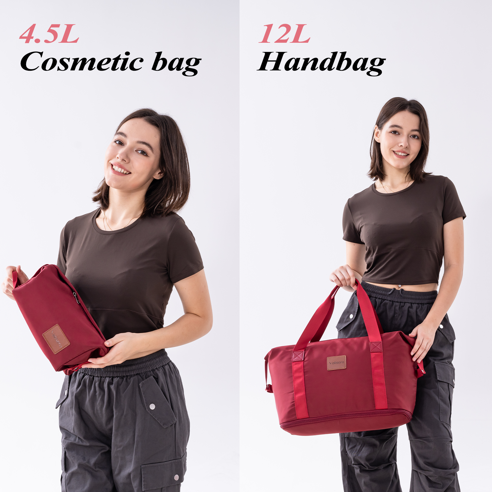 A woman holds two red bags. One is a cosmetic bag and the other a handbag. Both have a brown label.