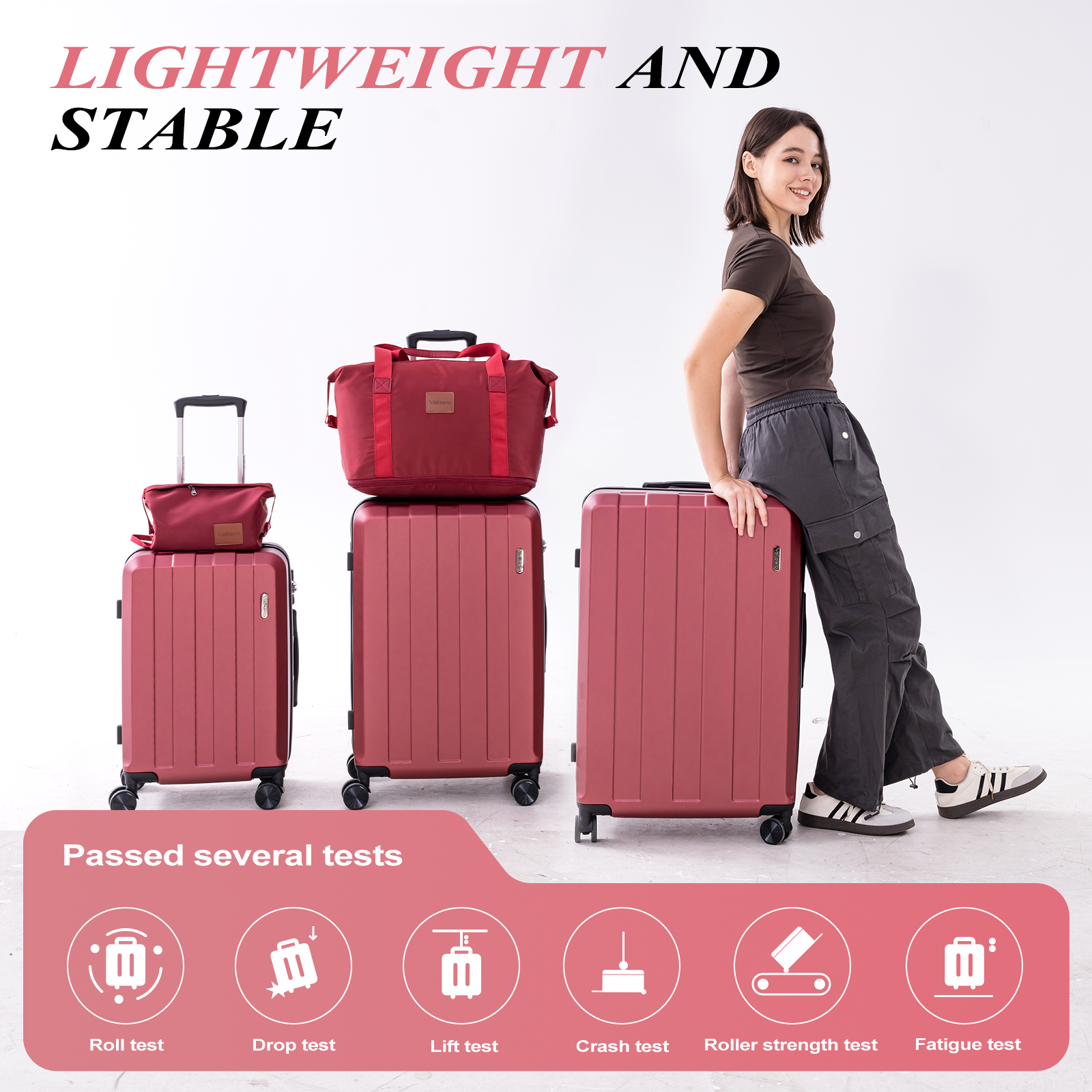 A woman leans on a red suitcase.  Other suitcases and a bag are next to it. Text reads 'Lightweight and Stable'.