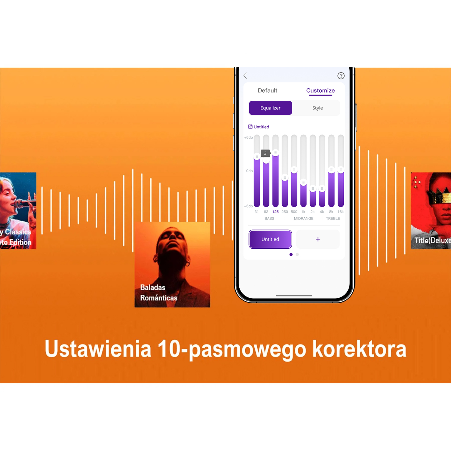 Ekran telefonu pokazuje interfejs korektora. Tło jest pomarańczowe z tekstem w języku polskim. Są trzy okładki albumów.