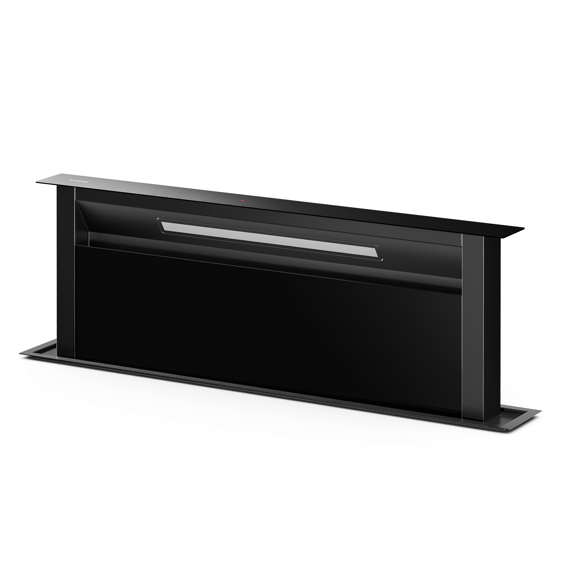 Eine moderne schwarze Dunstabzugshaube. Sie hat eine rechteckige Form mit Licht und Bedienfeld, alles auf weißem Hintergrund.