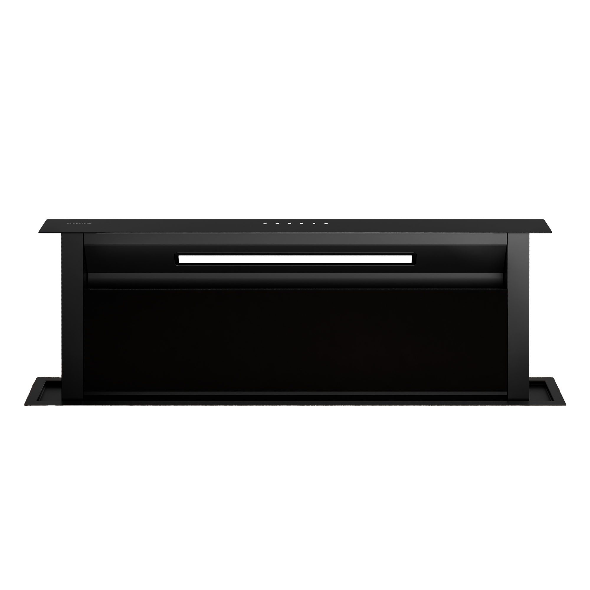 Eine schwarze Dunstabzugshaube mit rechteckigem Design, mit Bedienknöpfen und einer sichtbaren Lüftungsöffnung. Der Hintergrund ist weiß.