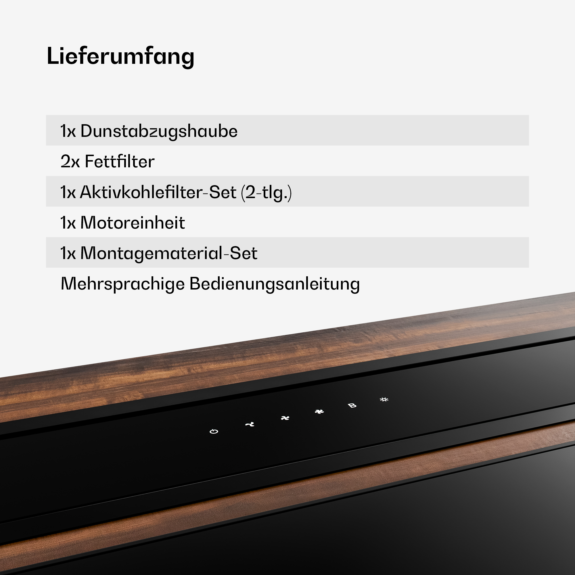 Das Bild zeigt die Komponenten eines Produkts: Dunstabzugshaube, Filter, Motor, Montagesatz und Bedienungsanleitung.