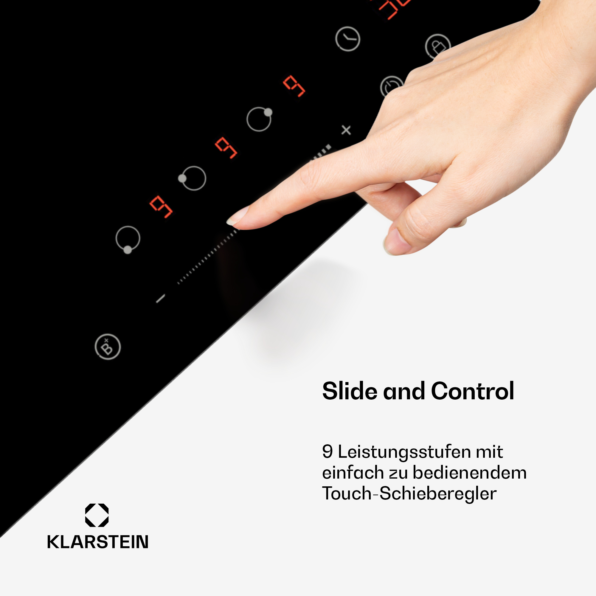 Eine Hand berührt ein schwarzes Induktionskochfeld mit roten Zahlen. Text: 'Slide and Control'.