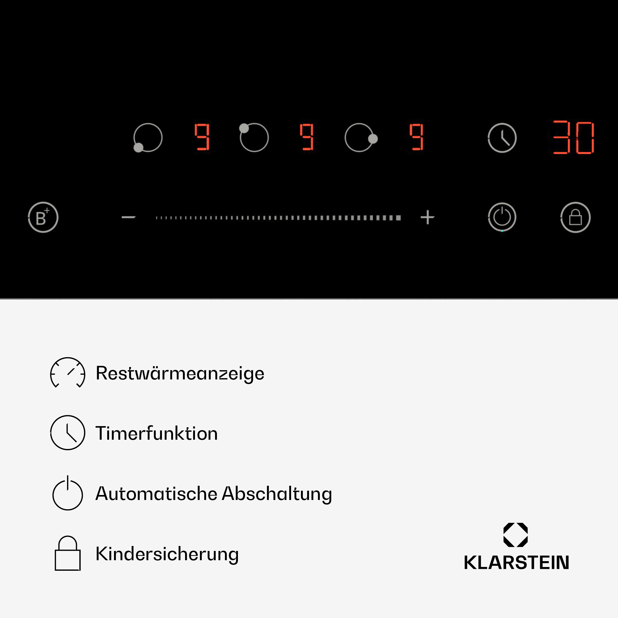 Schwarzes Induktionskochfeld-Bedienfeld mit roten Ziffern, Symbolen und Touch-Bedienelementen. Unten stehen Beschreibungen und das Klarstein-Logo.