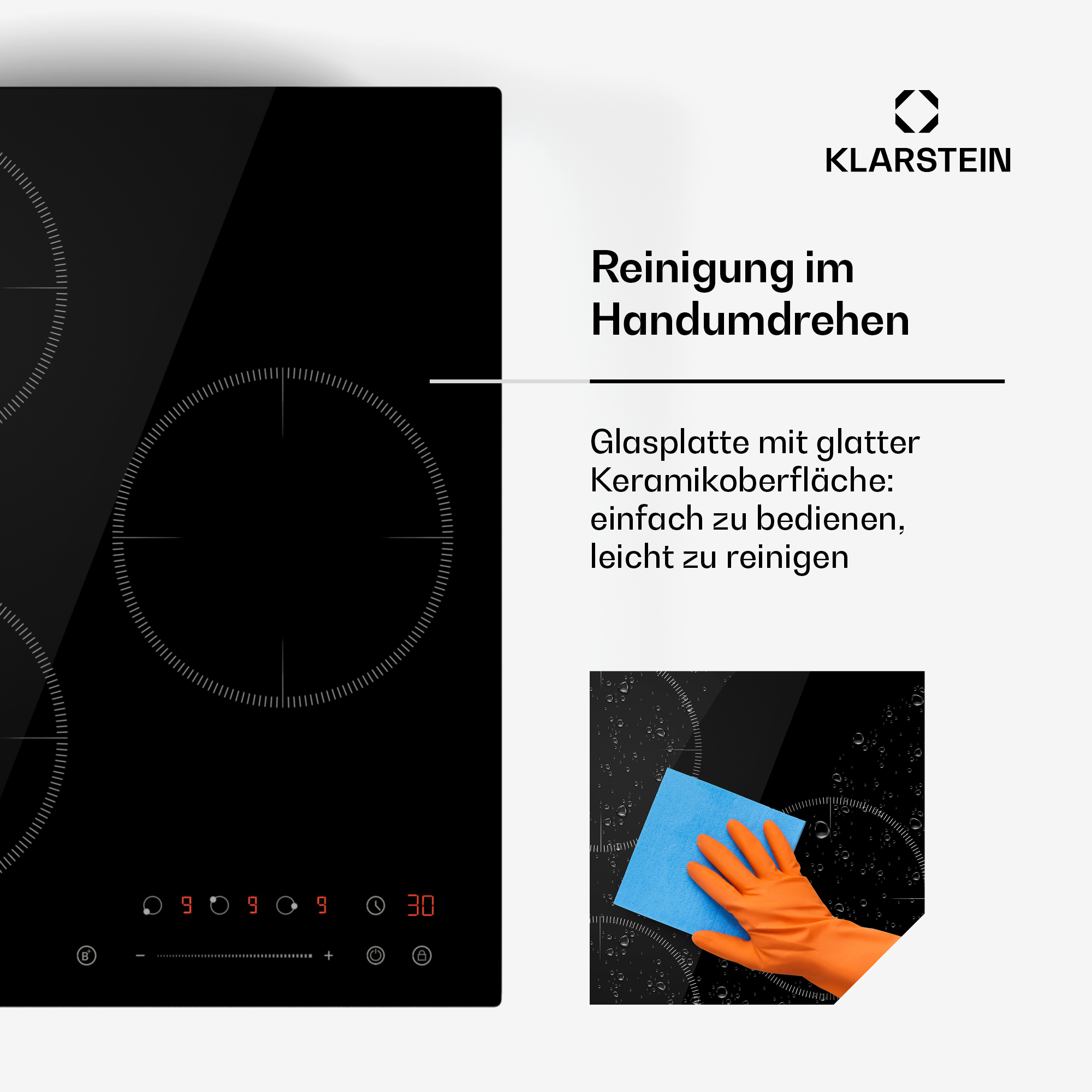 Schwarzes Ceranfeld mit Reglern und Display. Eine Hand mit orangefarbenem Handschuh reinigt es mit einem blauen Tuch.