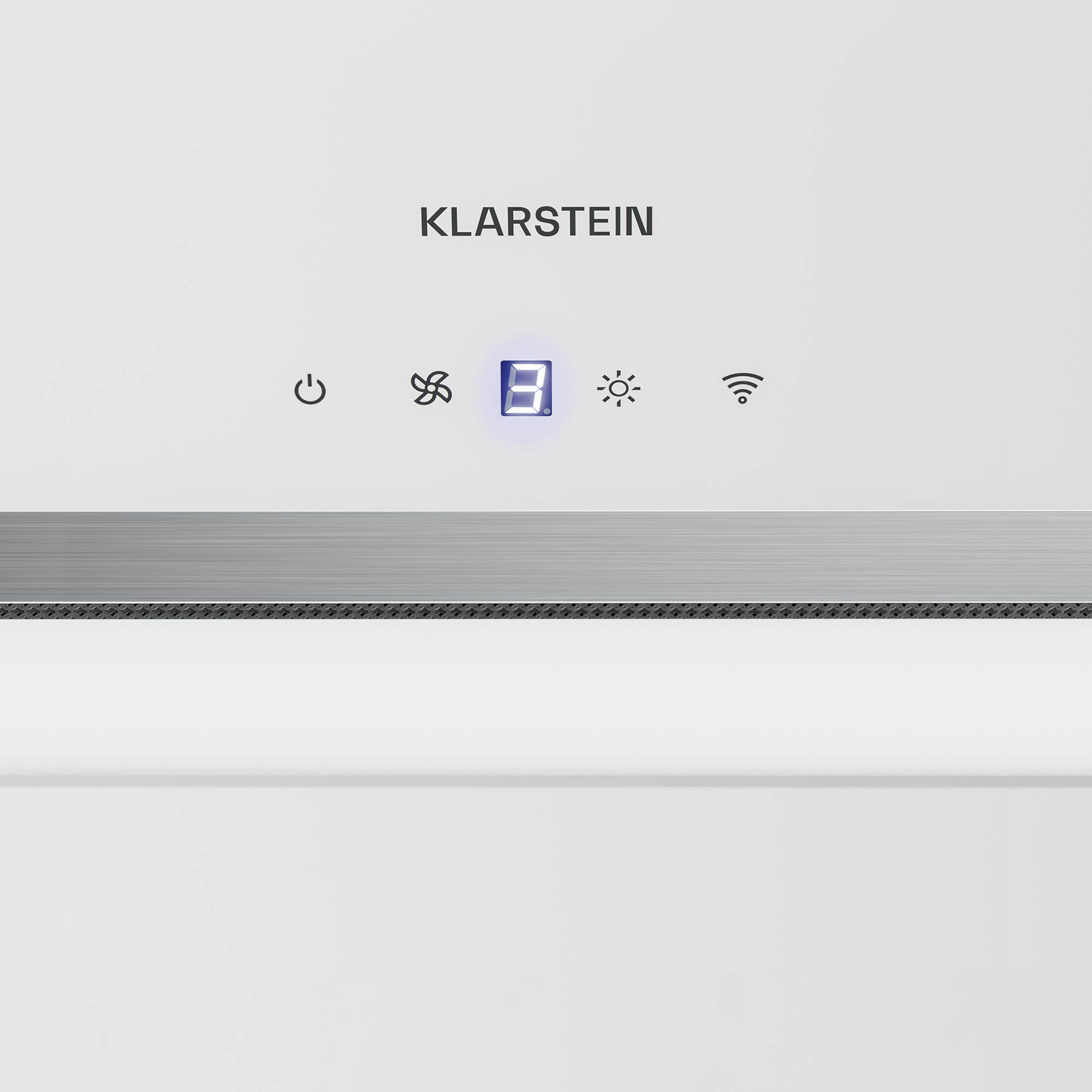 Pannello bianco con 'KLARSTEIN' e icone: accensione, ventola, numero 3, sole e wifi.