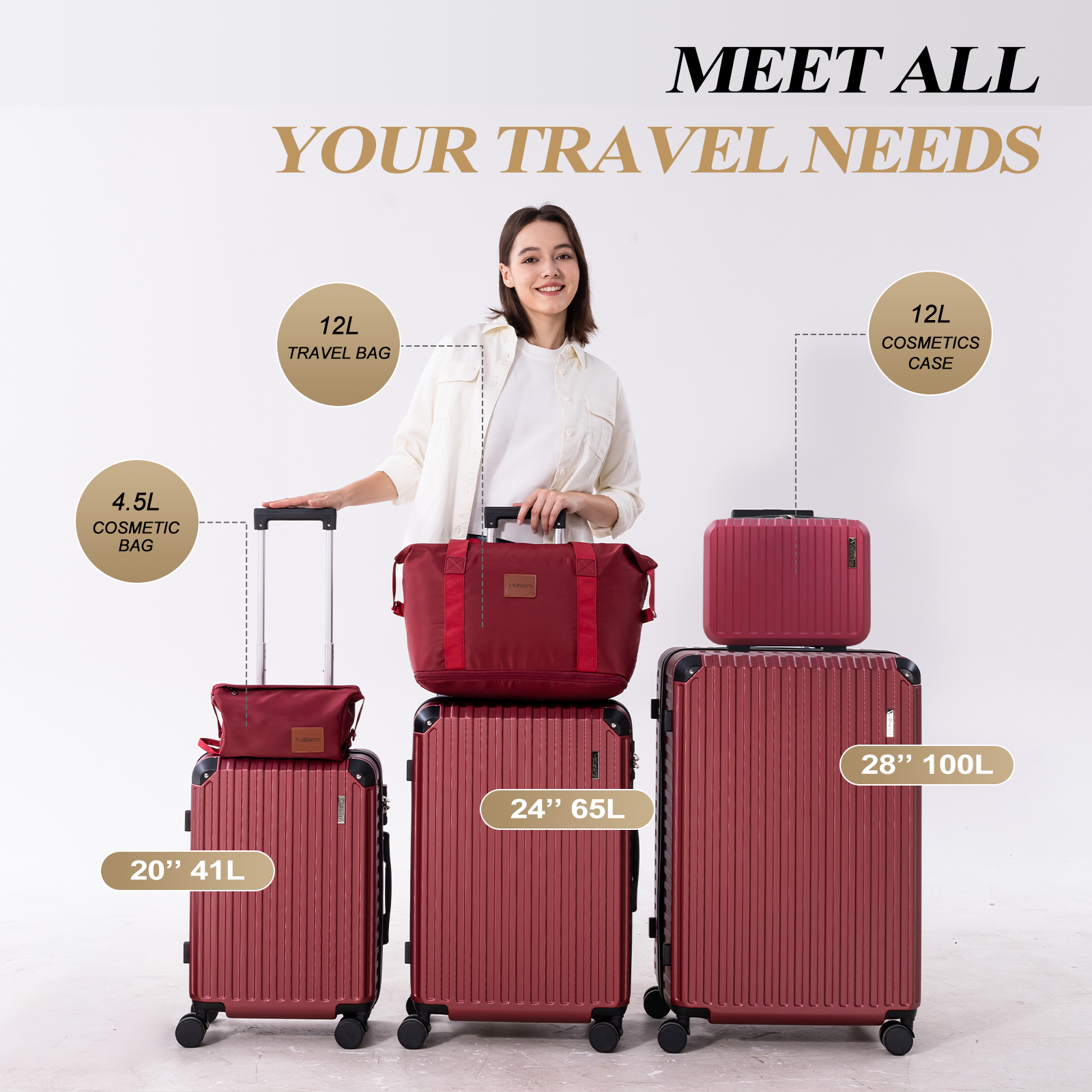 A woman stands with a variety of red suitcases and bags, promoting travel needs. Text overlays read 'Meet All Your Travel Needs'.