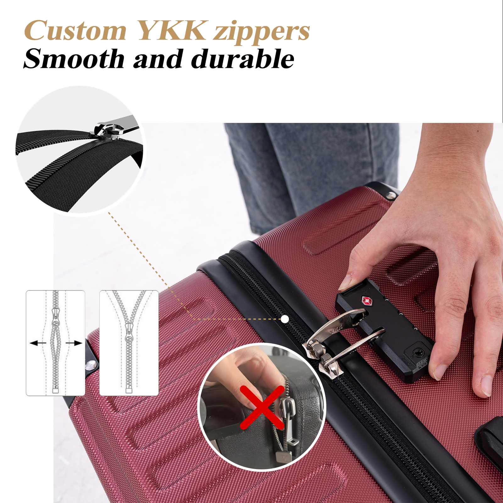 A person's hand on a red suitcase, showing a zipper, lock, and diagrams. Text reads 'Custom YKK zippers Smooth and durable'.