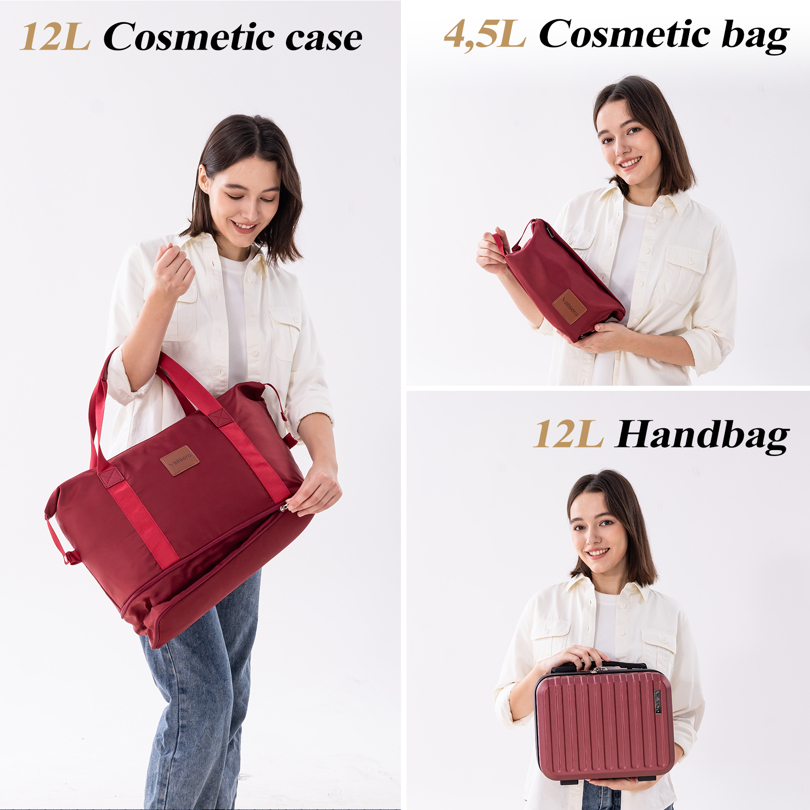 A woman holding red cosmetic bags of different sizes, with white background. There are texts about the capacity.