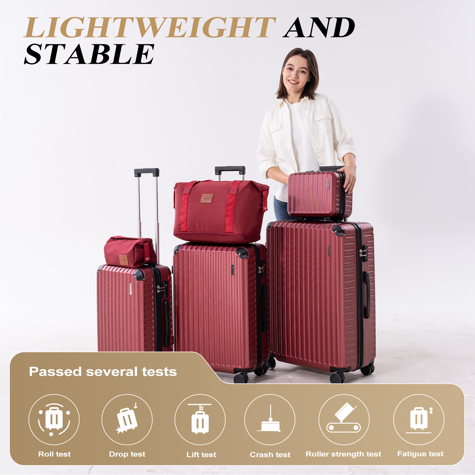 A woman stands by stacked red suitcases. Text reads 'LIGHTWEIGHT AND STABLE' and 'Passed several tests'.