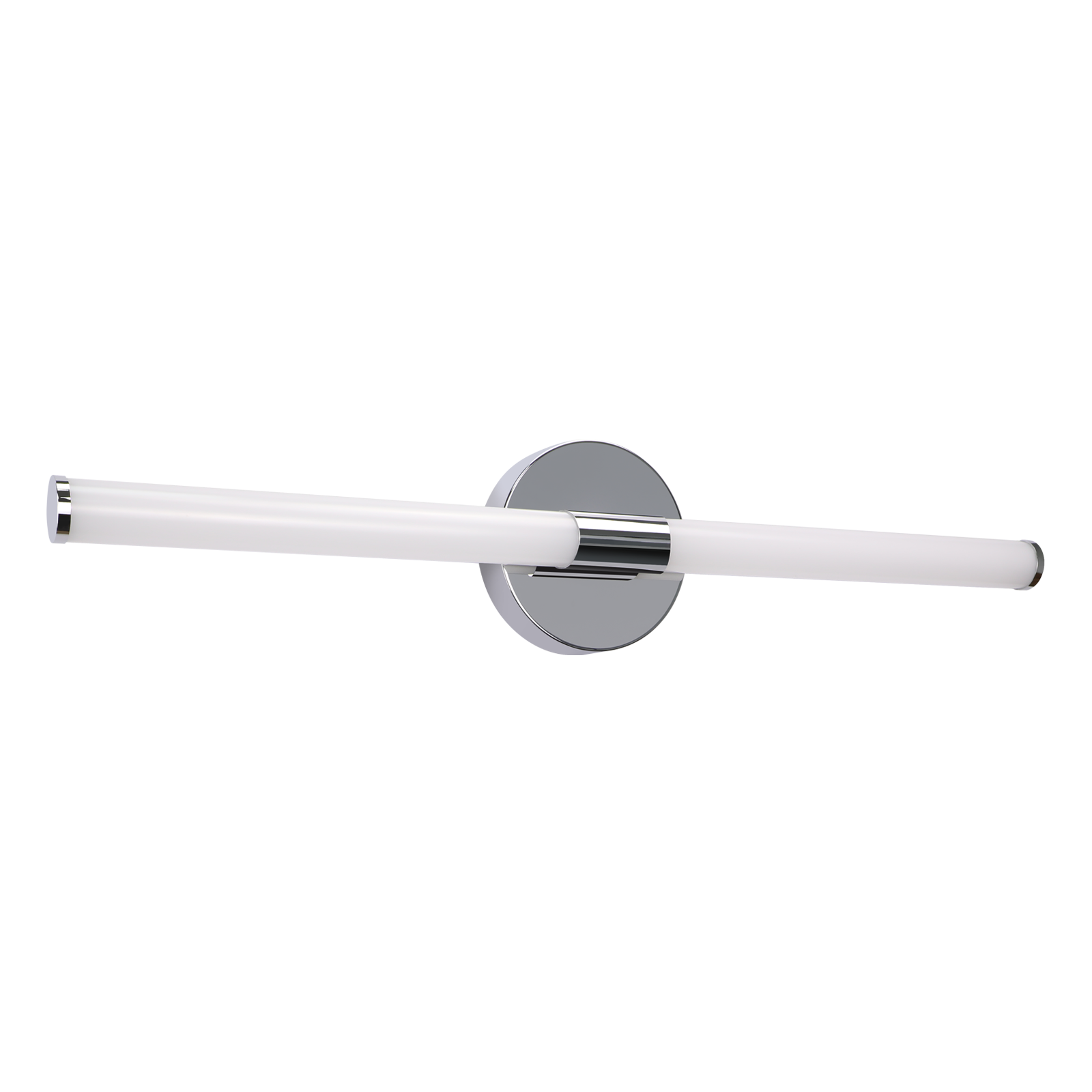 Un moderno apparecchio di illuminazione cromato con un lungo tubo luminoso bianco. È montato su sfondo bianco.