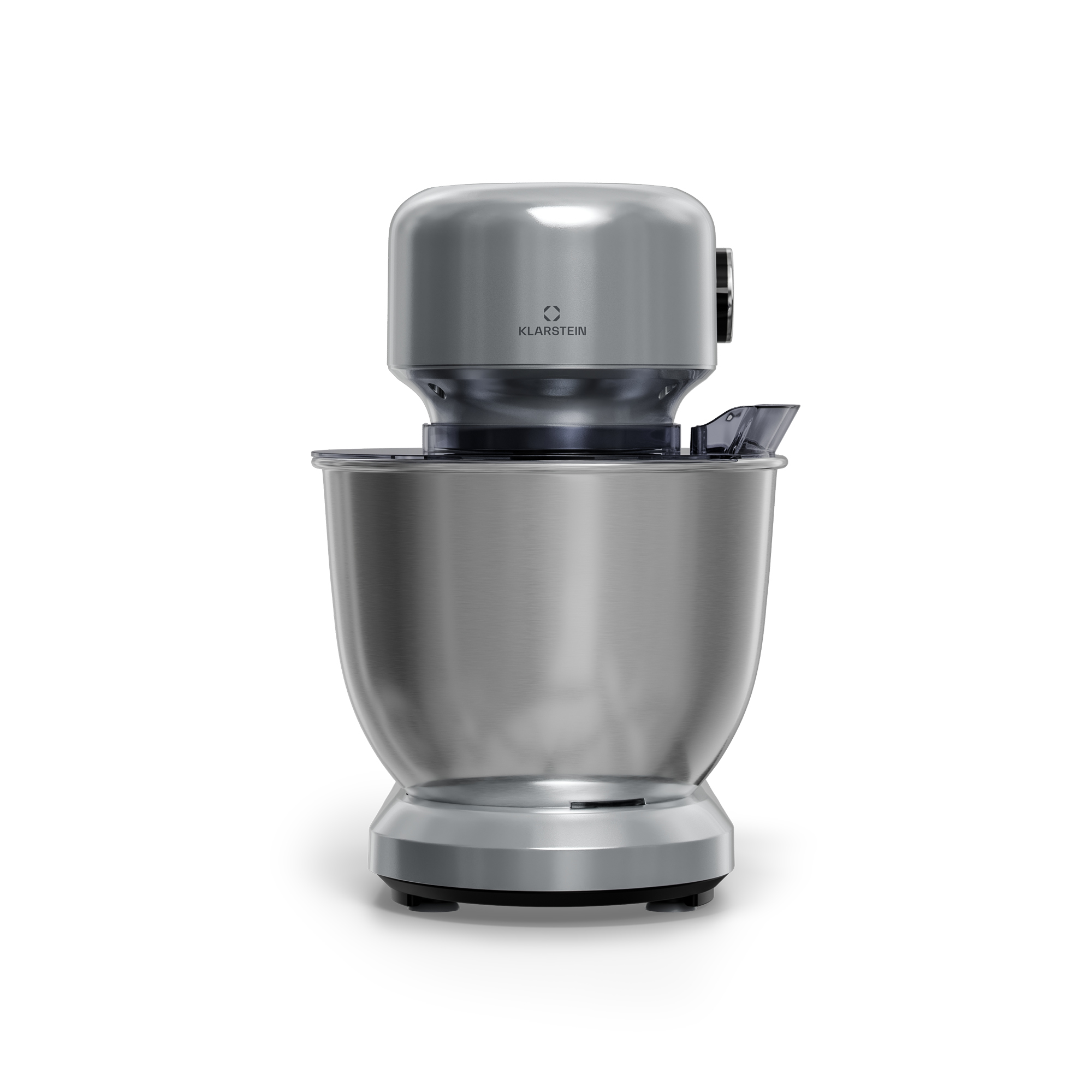 Un mixer a supporto Klarstein argentato su sfondo bianco. Ha una ciotola, una base e una parte superiore.