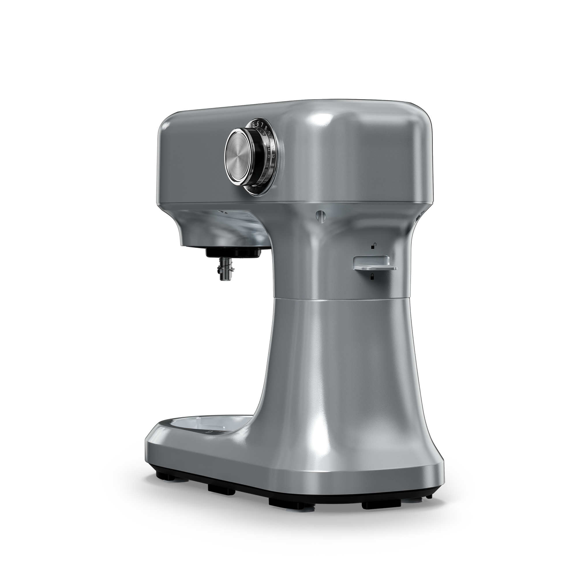 Un mixer da cucina argentato su sfondo bianco. Ha un quadrante della velocità e una leva. La base è più larga della parte superiore.