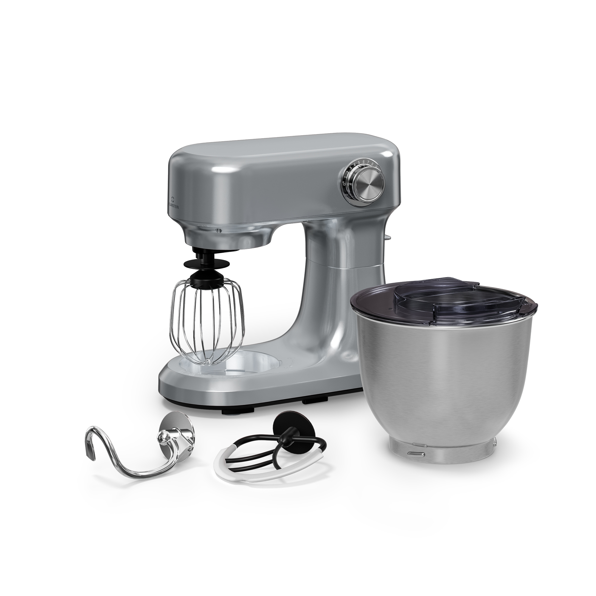 Un robot da cucina argento con accessori e una ciotola. Gli accessori includono una frusta, un gancio e una frusta.