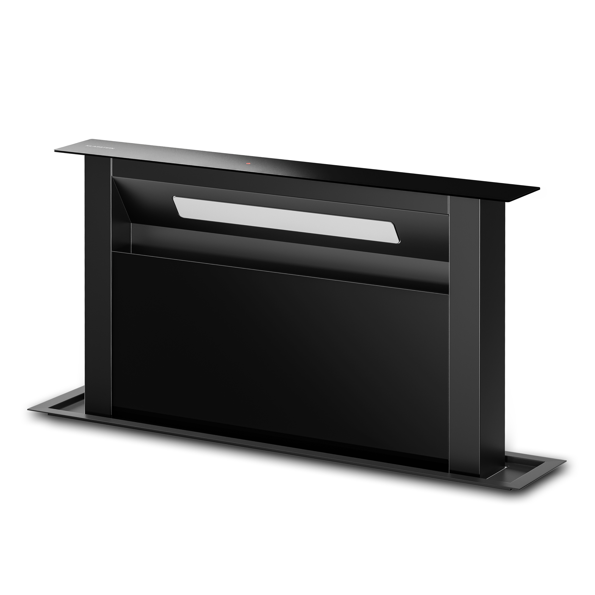 Eine moderne schwarze Dunstabzugshaube mit rechteckigem Design, mit zentraler Platte und hellfarbener Akzent.