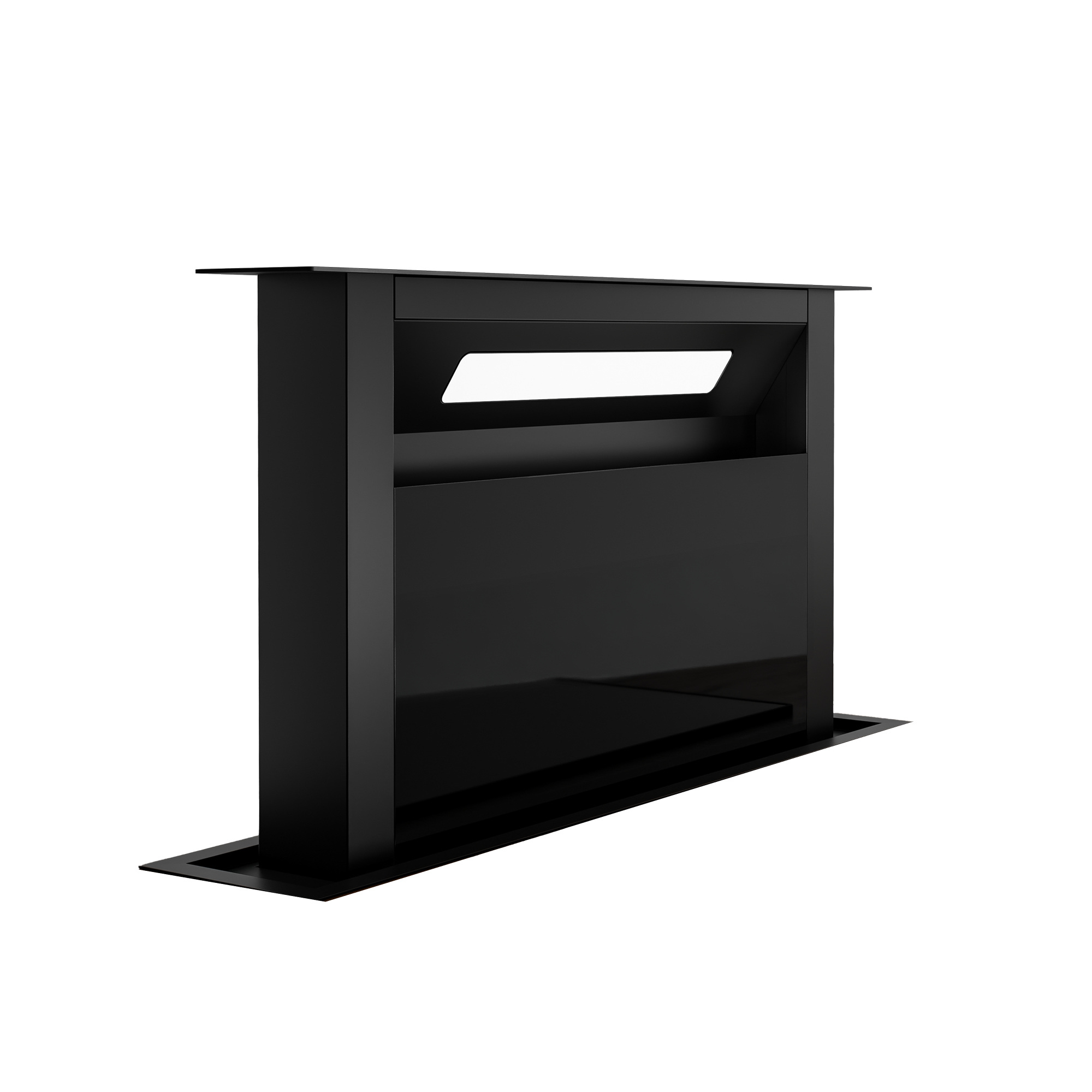 Eine moderne schwarze Dunstabzugshaube. Sie hat eine rechteckige Form mit einer vertieften Oberseite und einem Licht oben.
